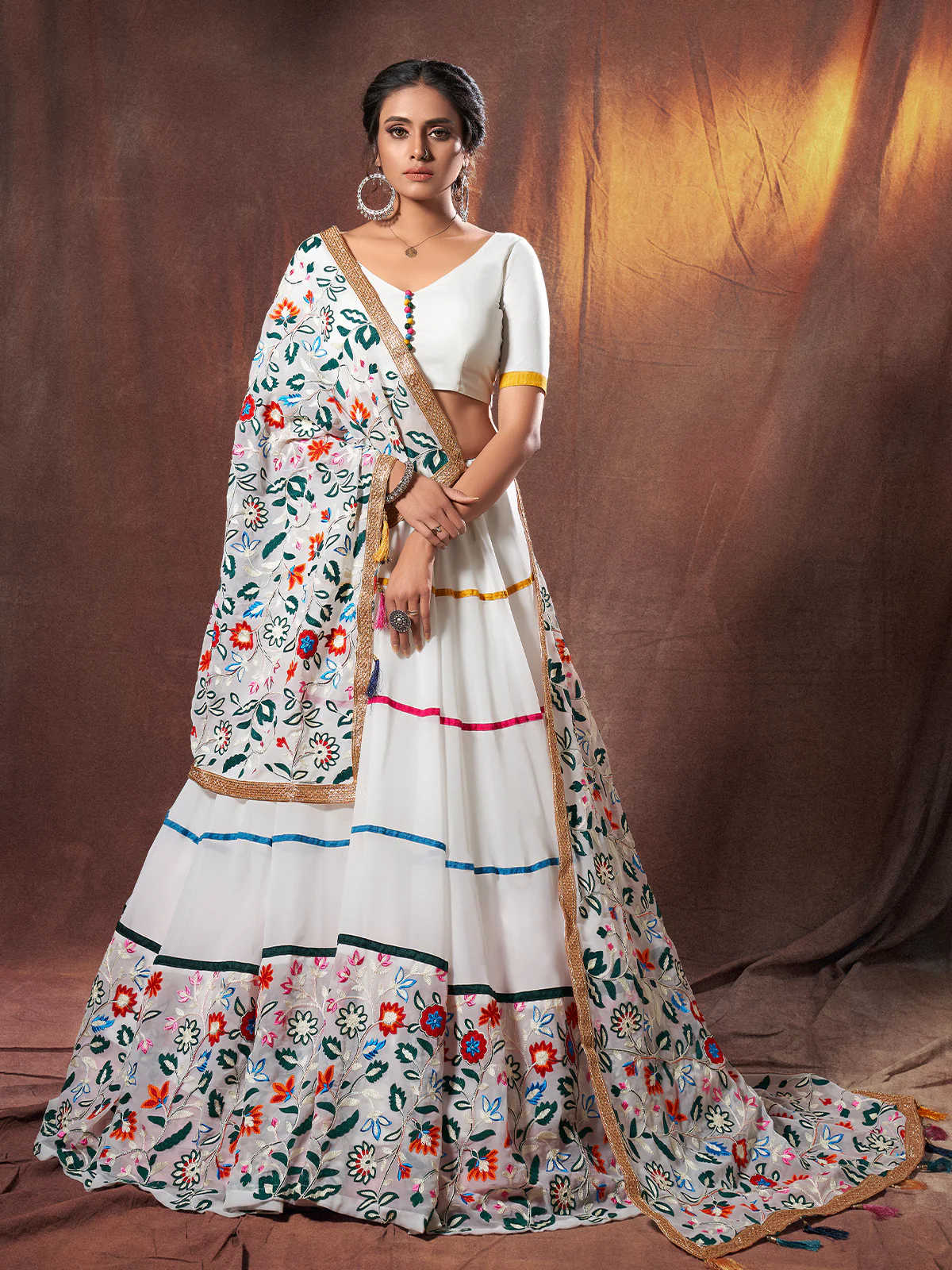 Odette Women White Embroidered Georgette Semi Stitched Lehenga With Unstitched Blouse