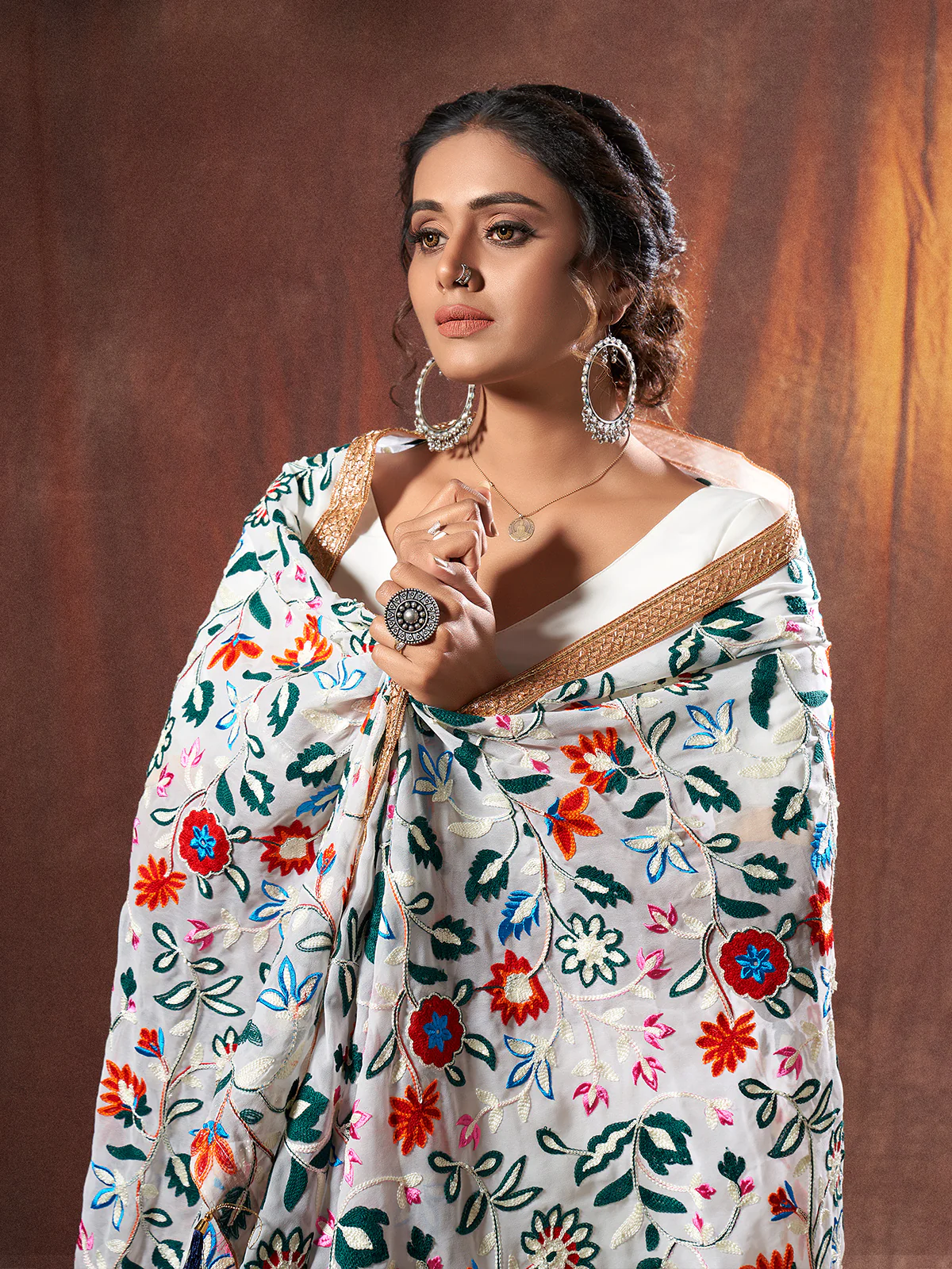 Odette Women White Embroidered Georgette Semi Stitched Lehenga With Unstitched Blouse - Image 3