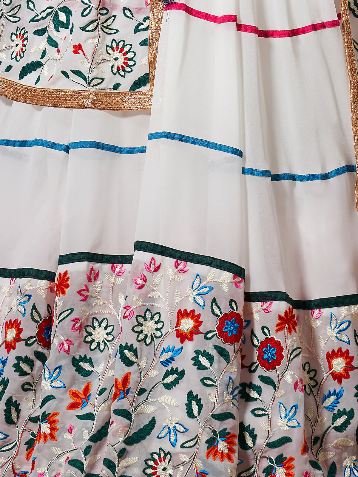 Odette Women White Embroidered Georgette Semi Stitched Lehenga With Unstitched Blouse - Image 4