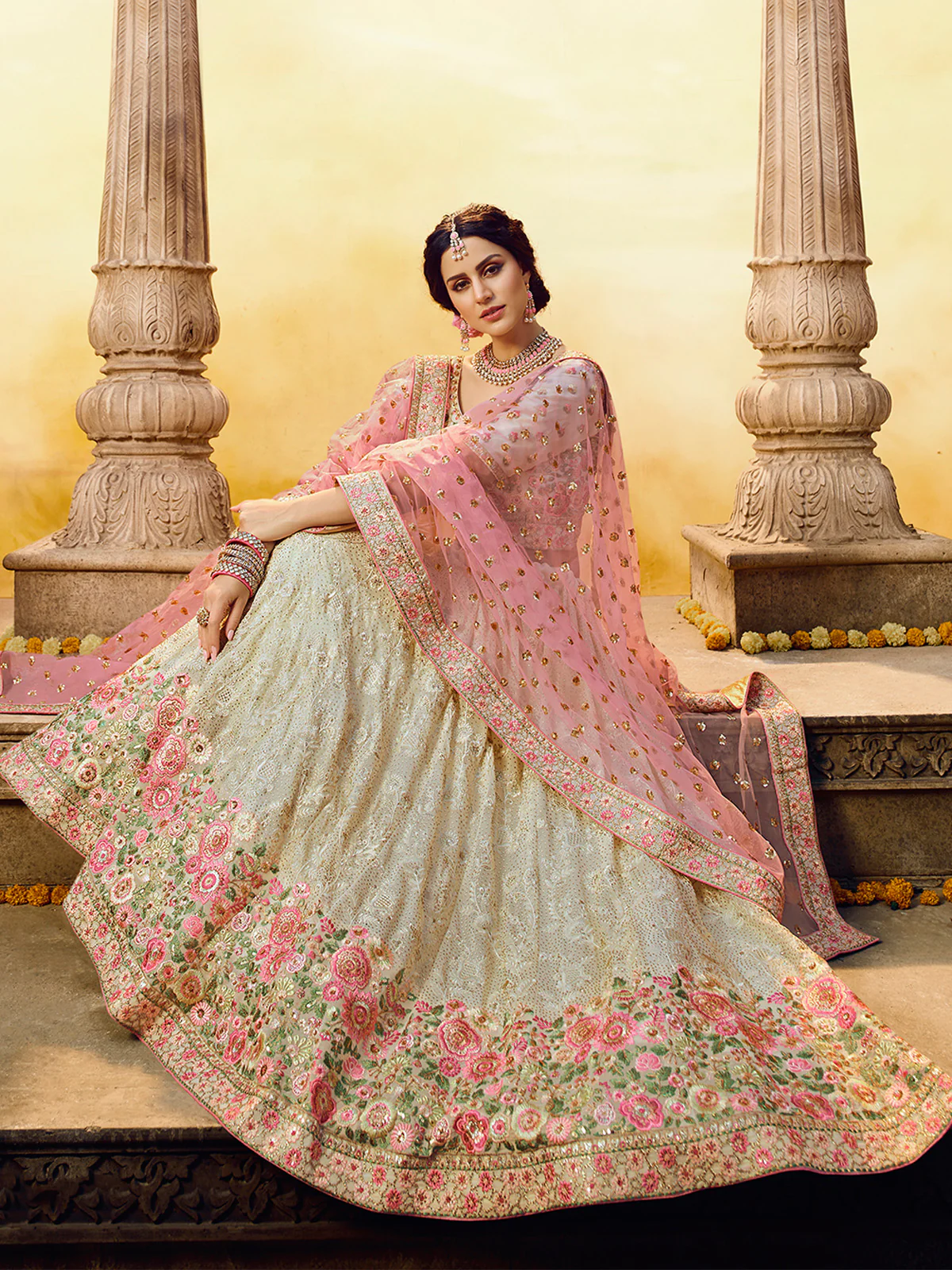 Odette Women White Embroidered Georgette Semi Stitched Lehenga With Unstitched Blouse - Image 2