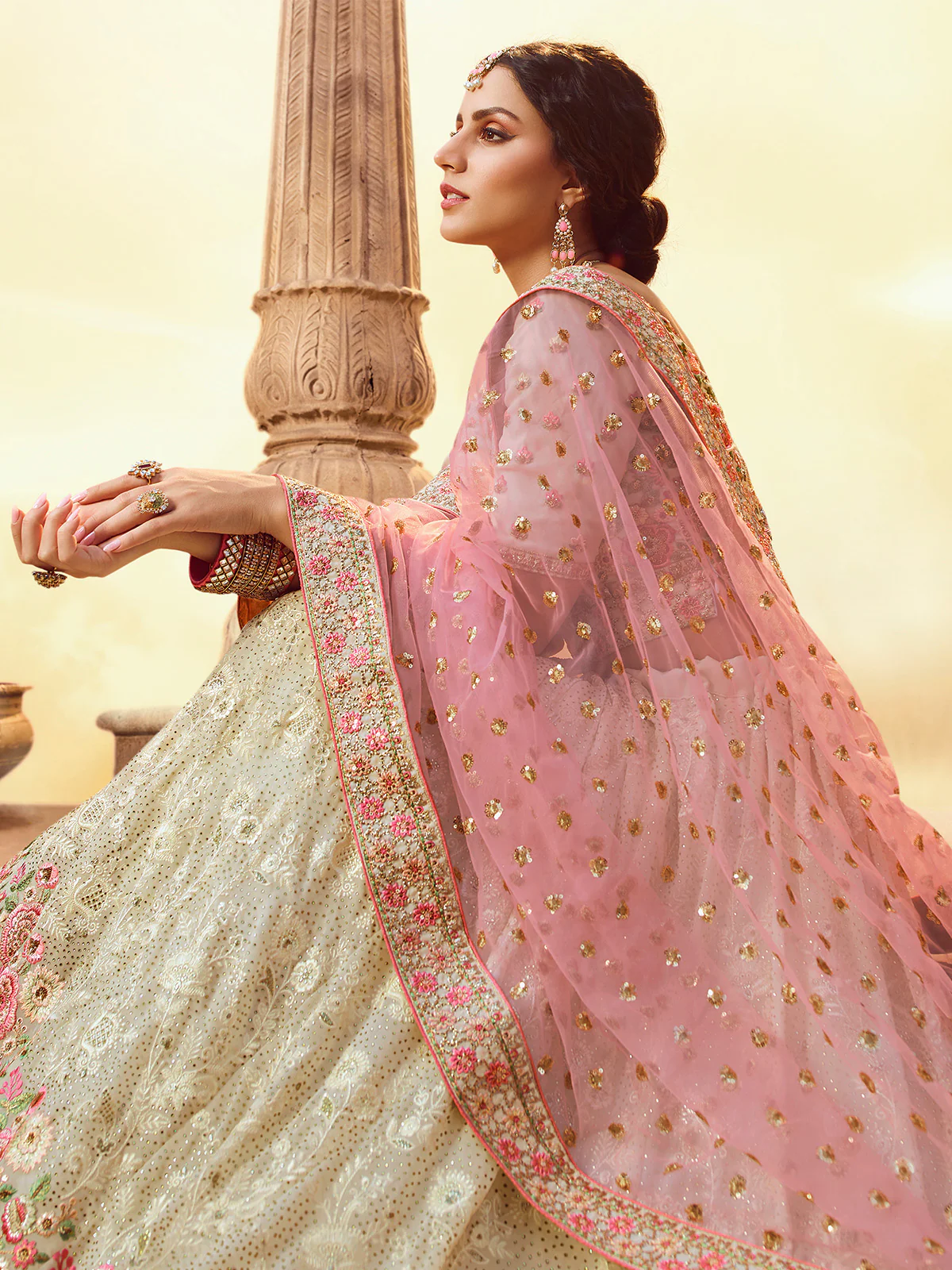 Odette Women White Embroidered Georgette Semi Stitched Lehenga With Unstitched Blouse - Image 4