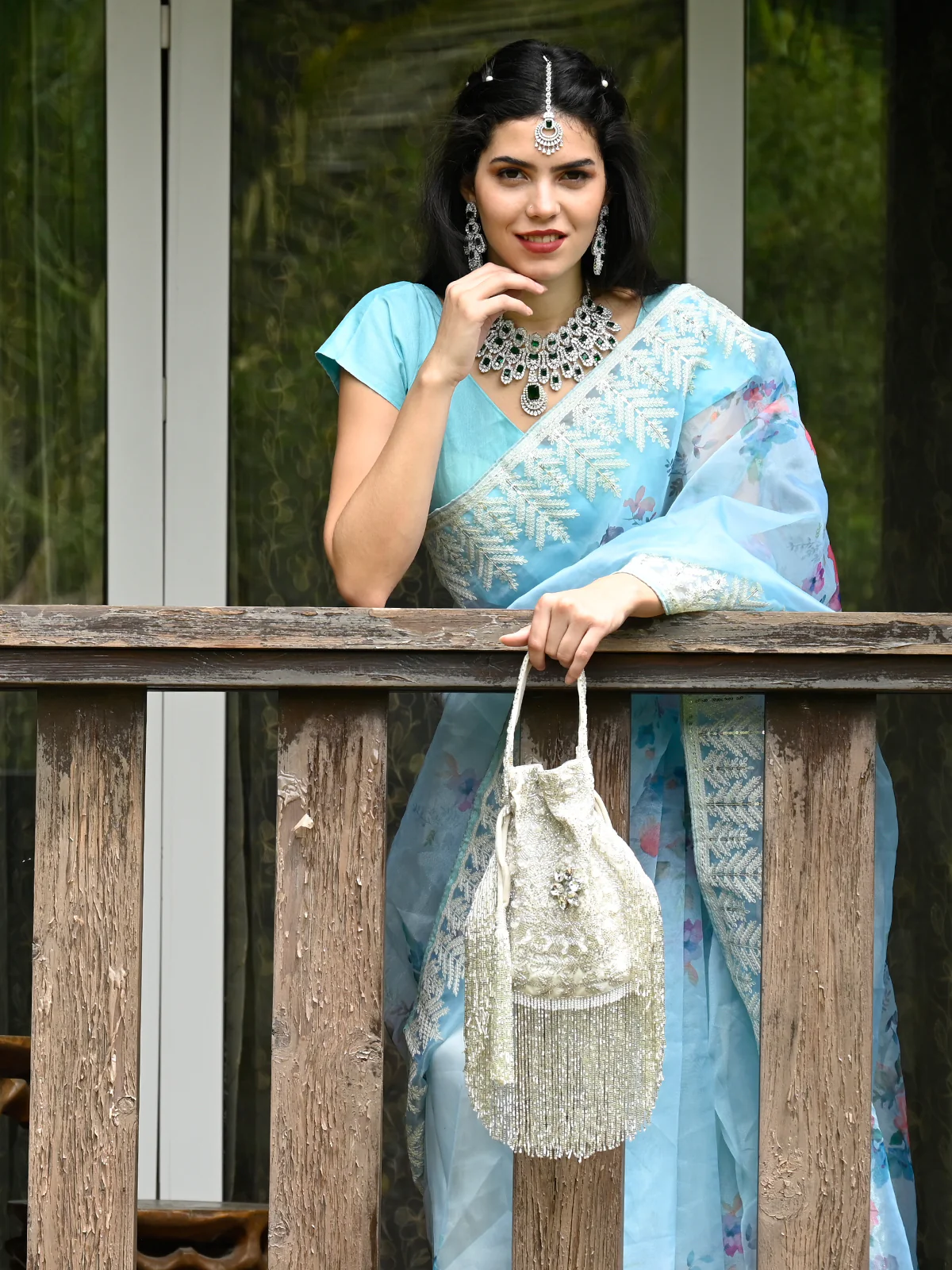 Odette Women White Velvet Beaded Potli Bag - Image 2