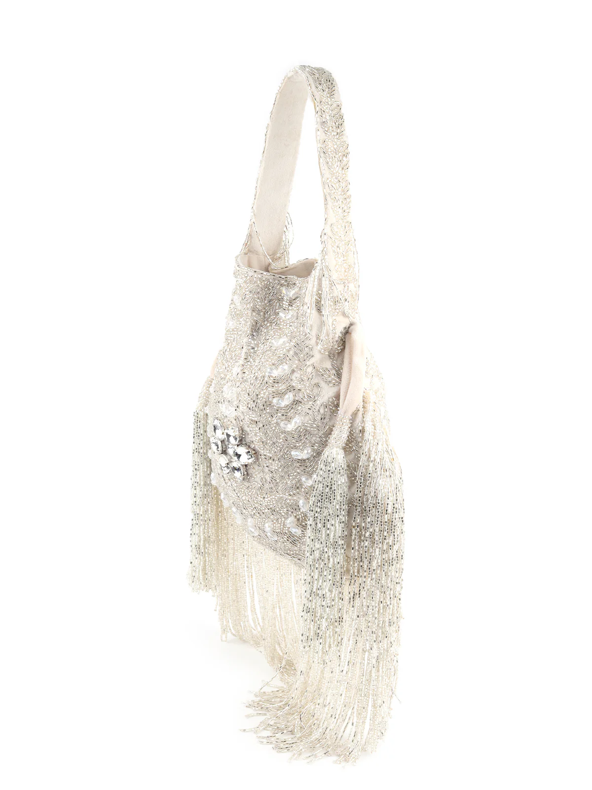 Odette Women White Velvet Beaded Potli Bag - Image 4