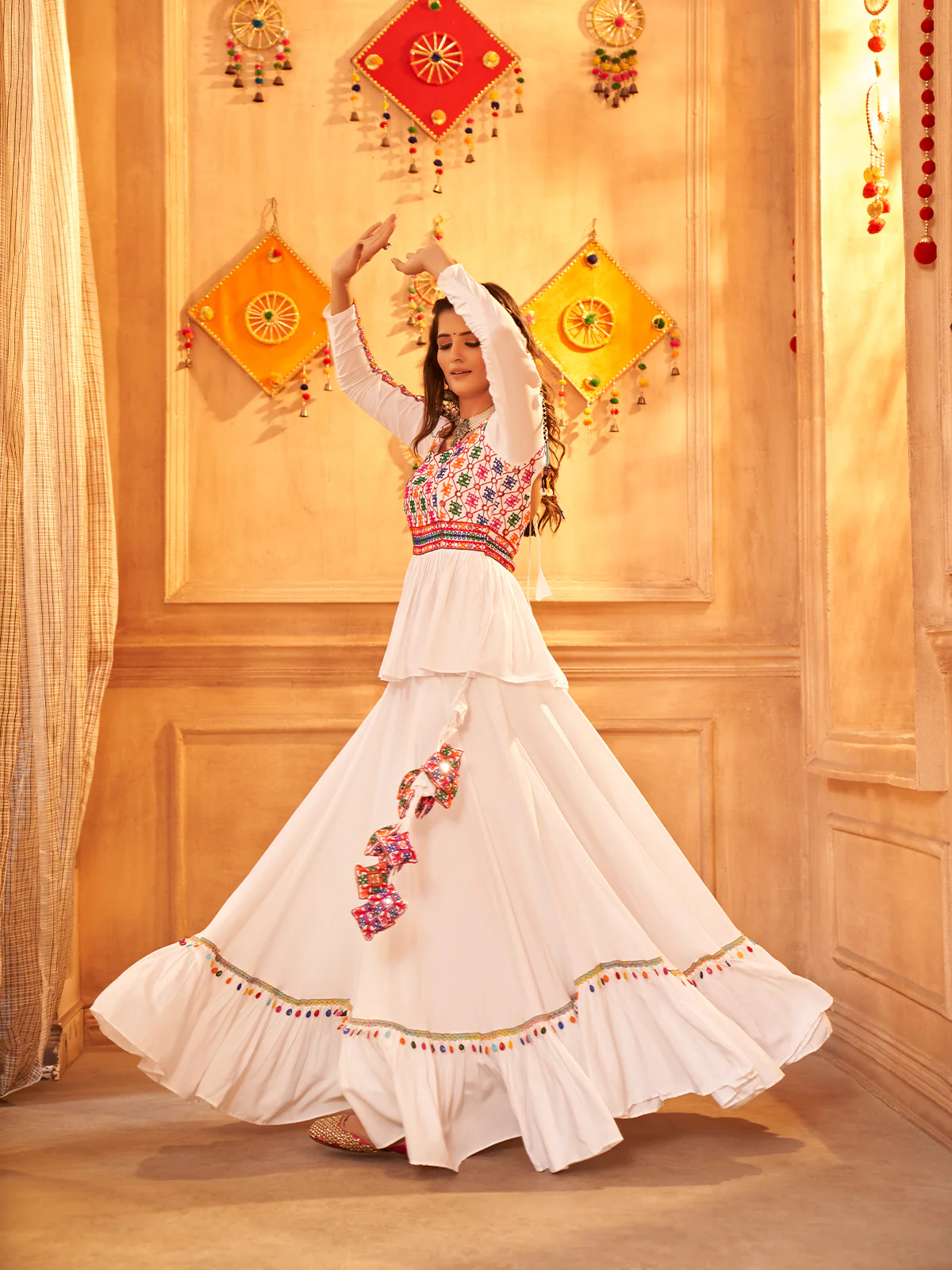 Odette White Viscose Rayon Embroidered  Stitched Lehenga Choli For Women - Image 2