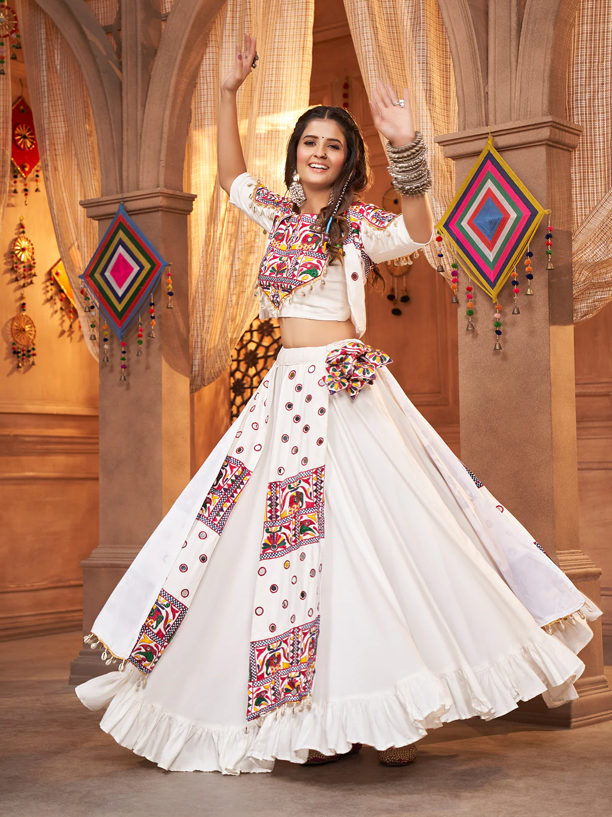 Odette White Viscose Rayon Embroidered  Stitched Lehenga Choli For Women - Image 2