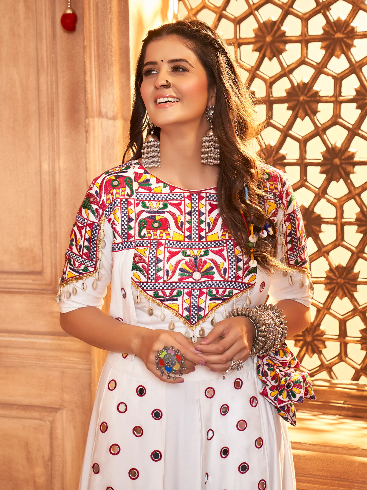 Odette White Viscose Rayon Embroidered  Stitched Lehenga Choli For Women - Image 3