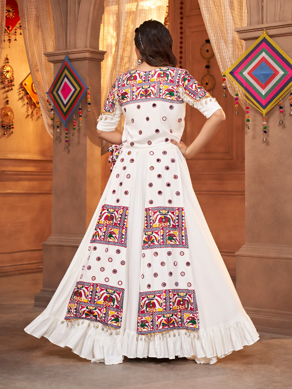 Odette White Viscose Rayon Embroidered  Stitched Lehenga Choli For Women - Image 4