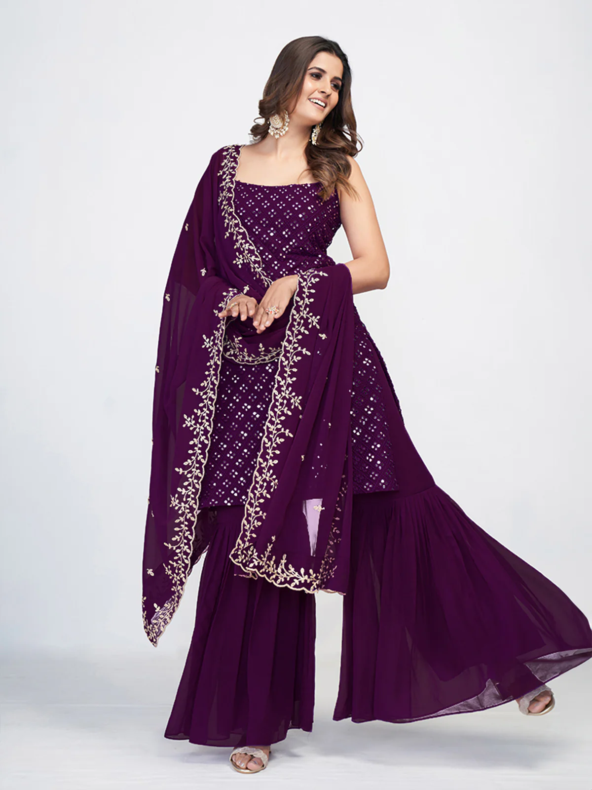 Odette Women Violet Georgette Embroidered Stitched Kurta Set - Image 2