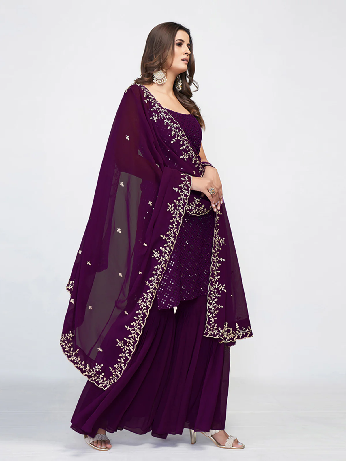 Odette Women Violet Georgette Embroidered Stitched Kurta Set - Image 3
