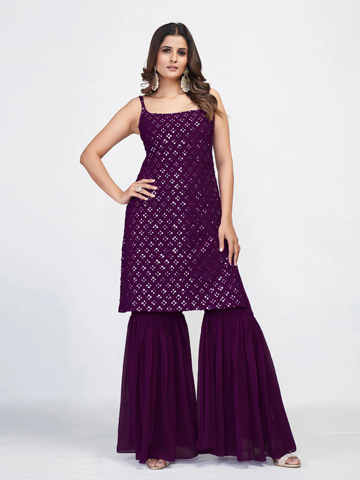 Odette Women Violet Georgette Embroidered Stitched Kurta Set - Image 4