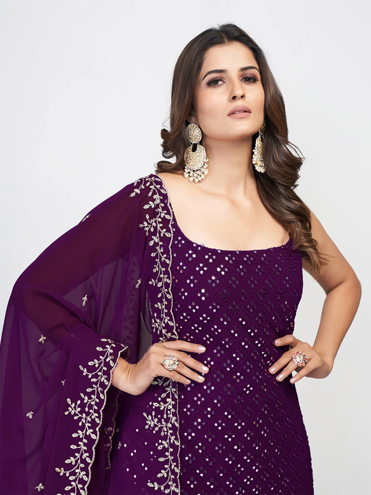 Odette Women Violet Georgette Embroidered Stitched Kurta Set - Image 5
