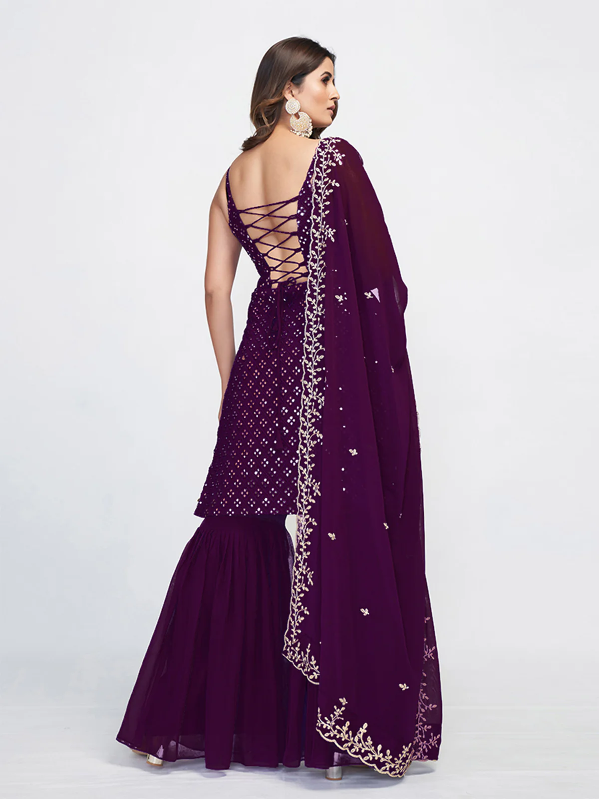 Odette Women Violet Georgette Embroidered Stitched Kurta Set - Image 6