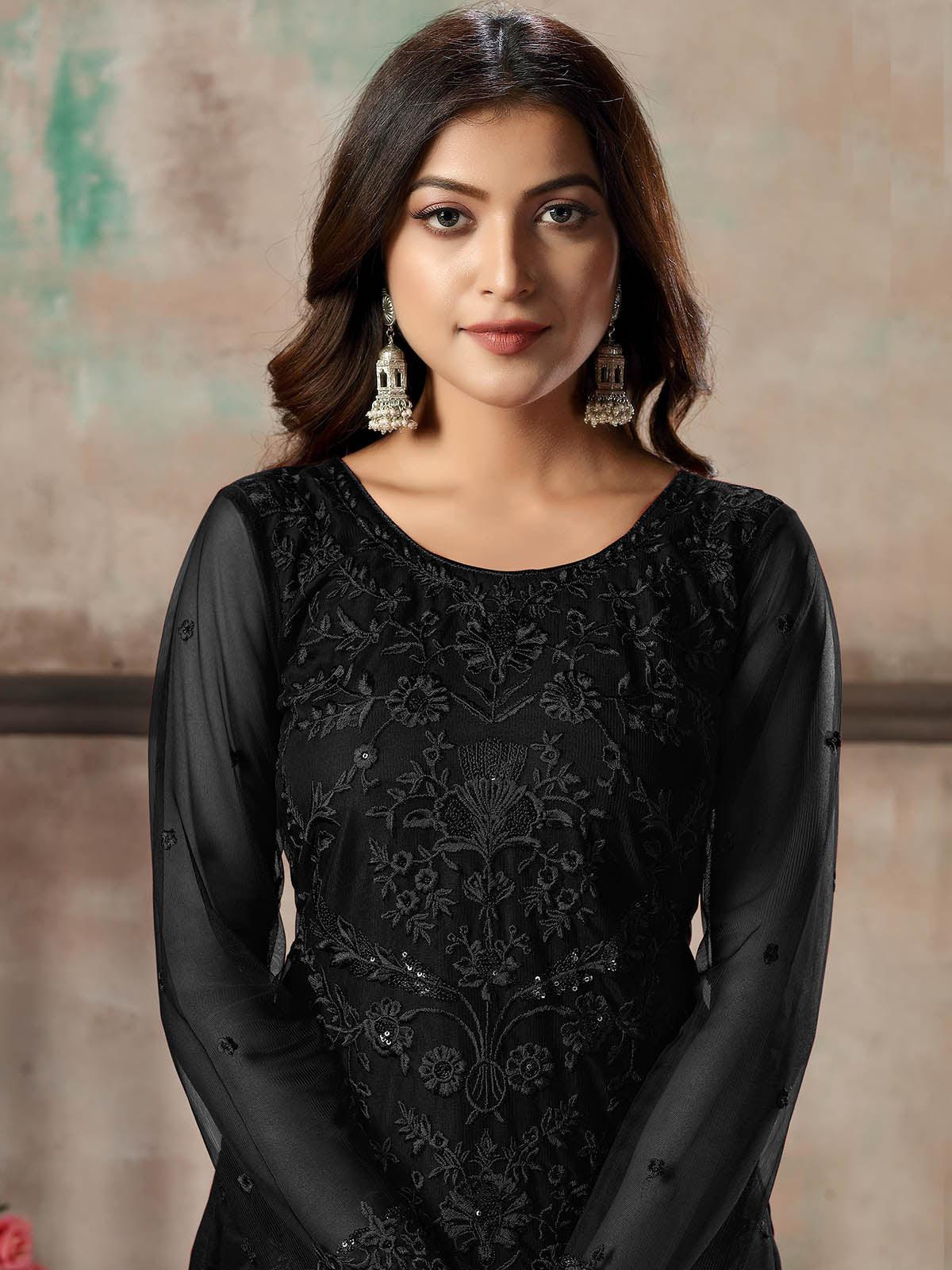 Odette Women Women Black Net Semi Stitched Salwar Suit - Image 3