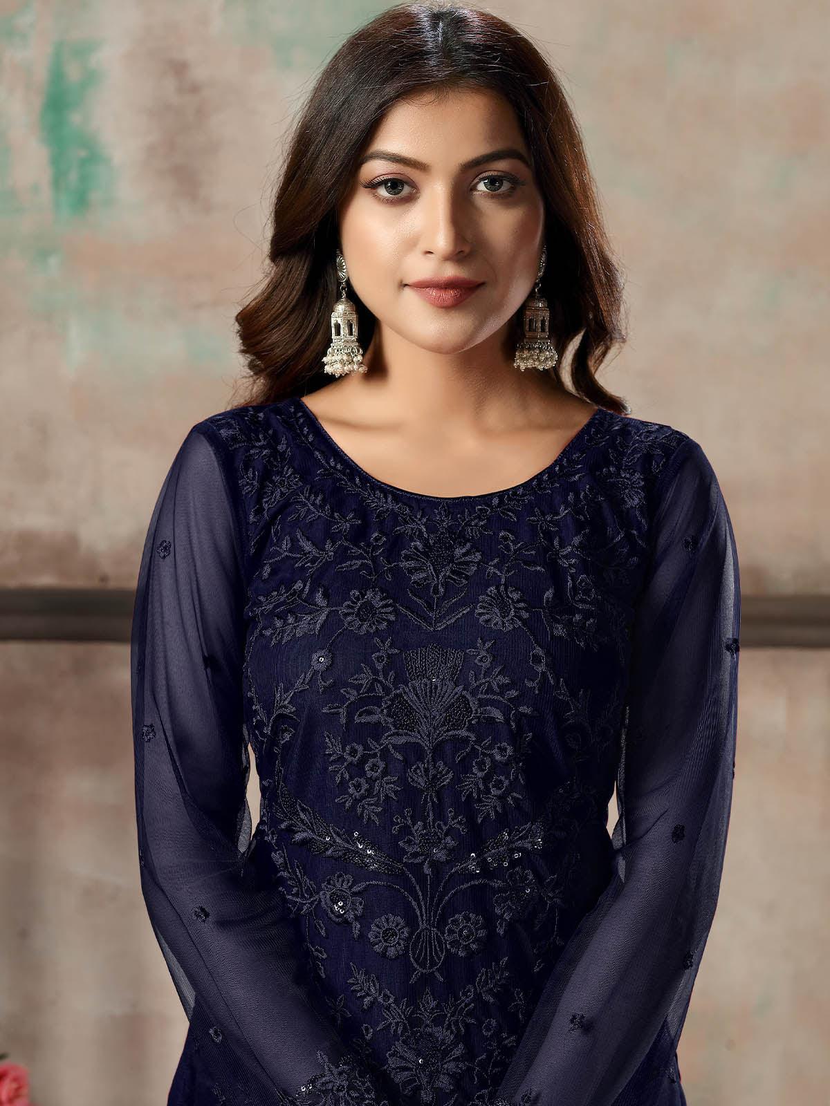 Odette Women Women Blue Net Semi Stitched Salwar Suit - Image 3