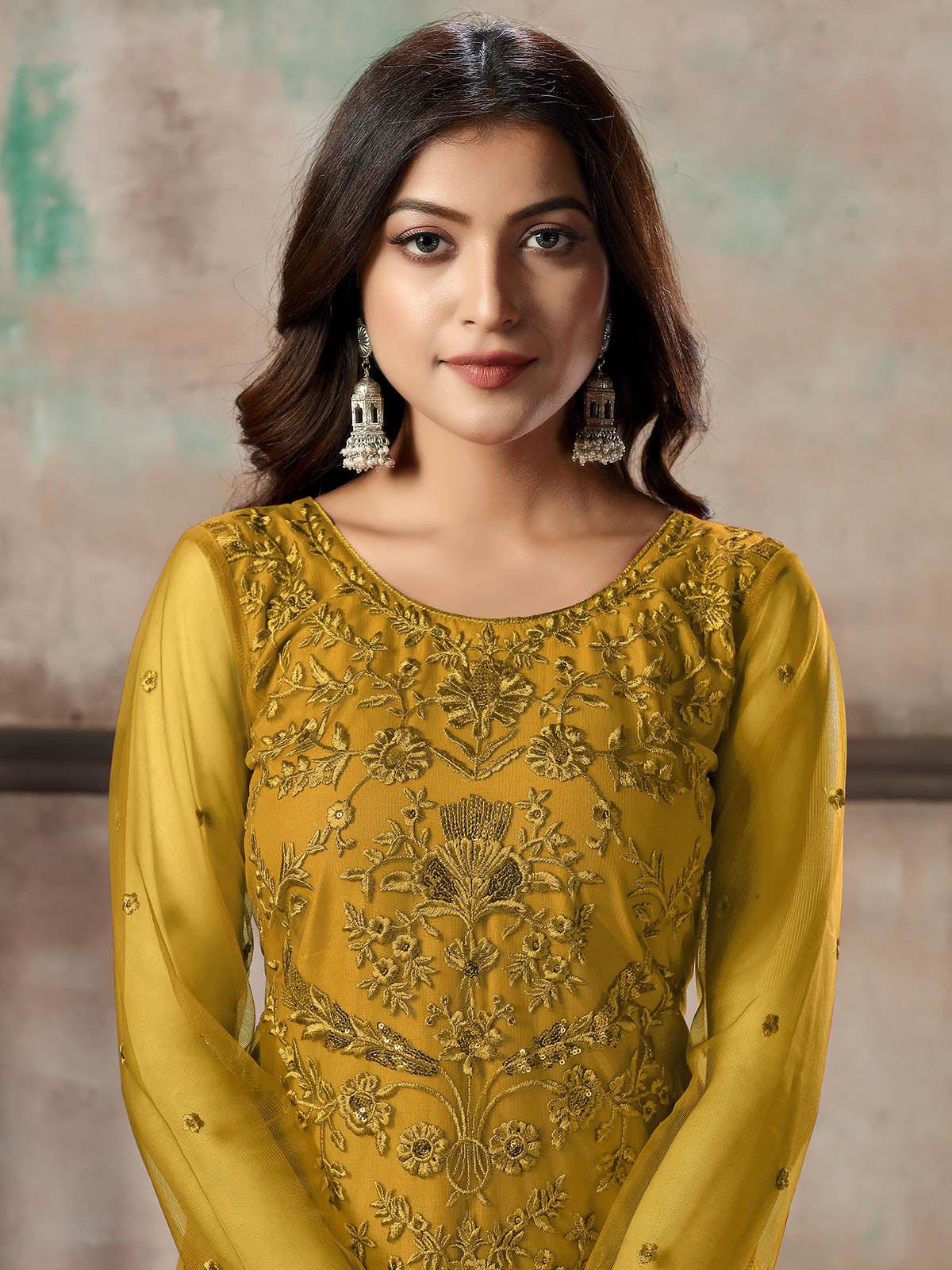 Odette Women Women Mustard Net Semi Stitched Salwar Suit - Image 3