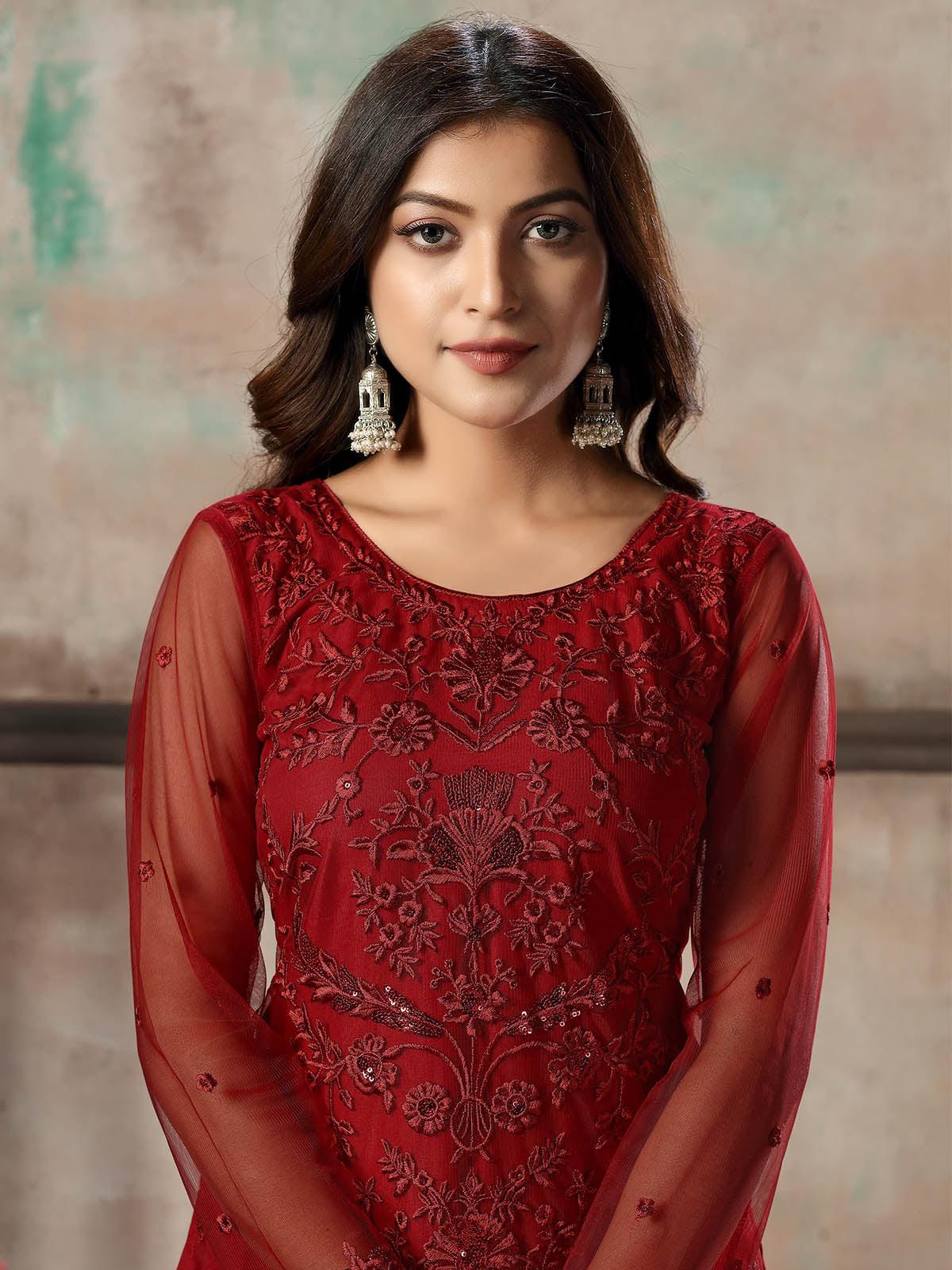 Odette Women Women Red Net Semi Stitched Salwar Suit - Image 3