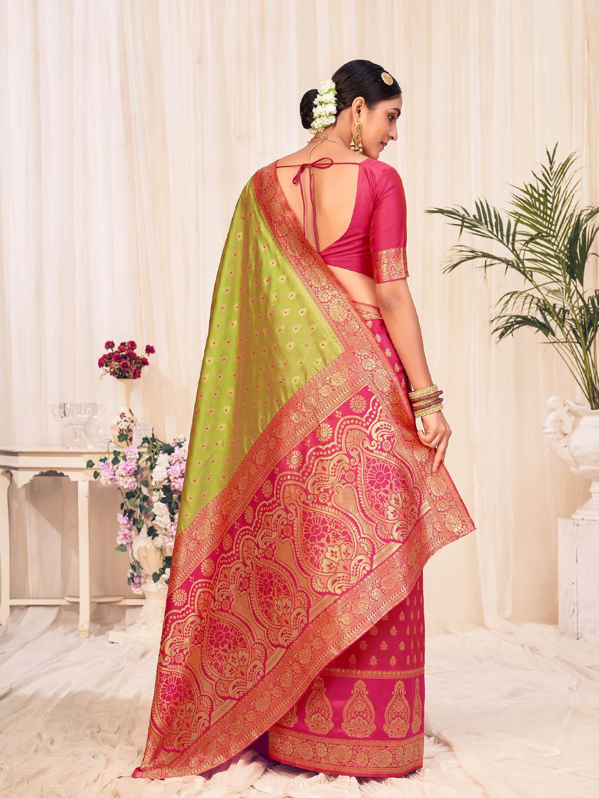 Odette Women Woven Lime Green Banarasi Silk Saree With Unstitched Blouse - Image 2