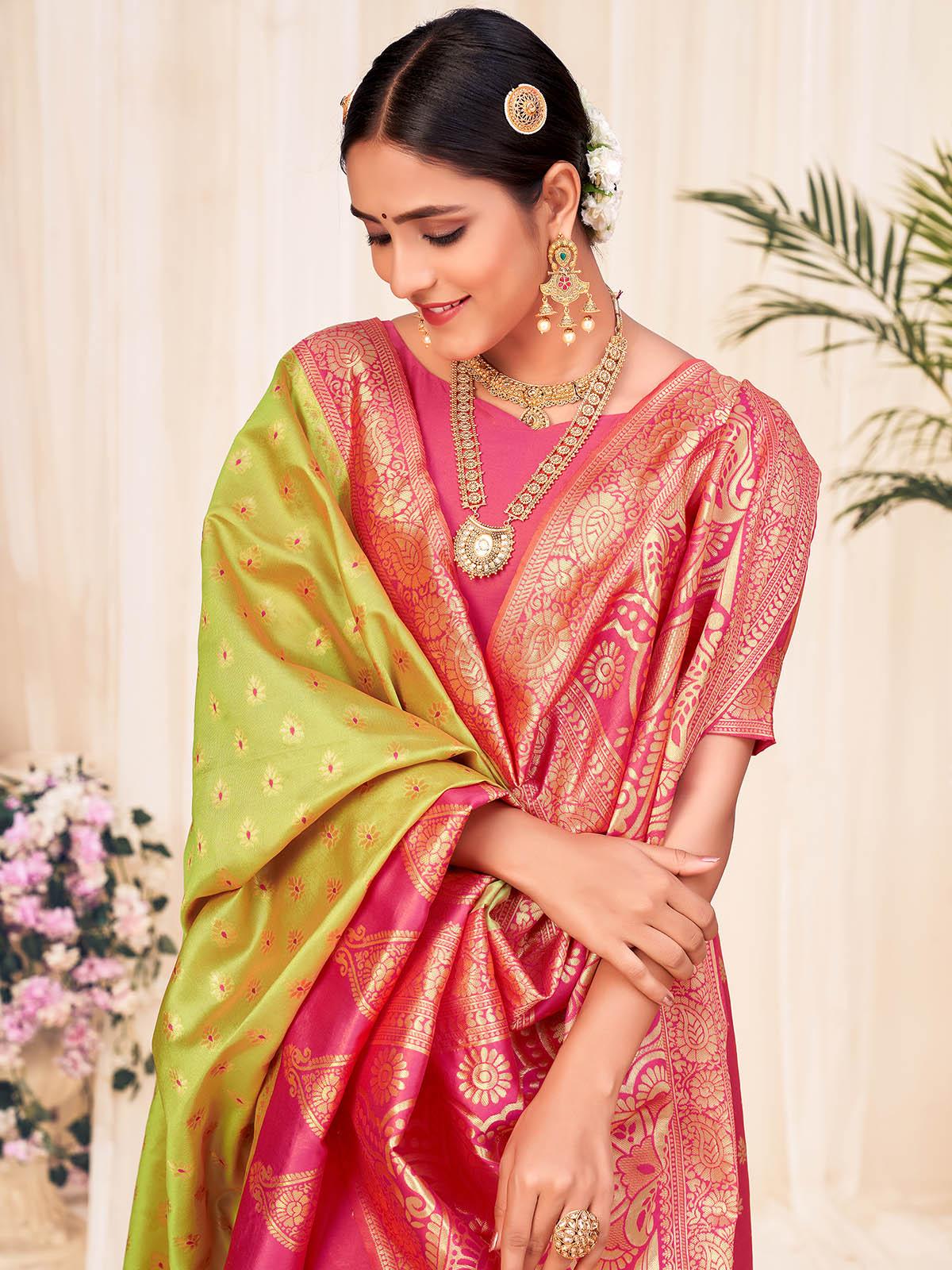 Odette Women Woven Lime Green Banarasi Silk Saree With Unstitched Blouse - Image 4