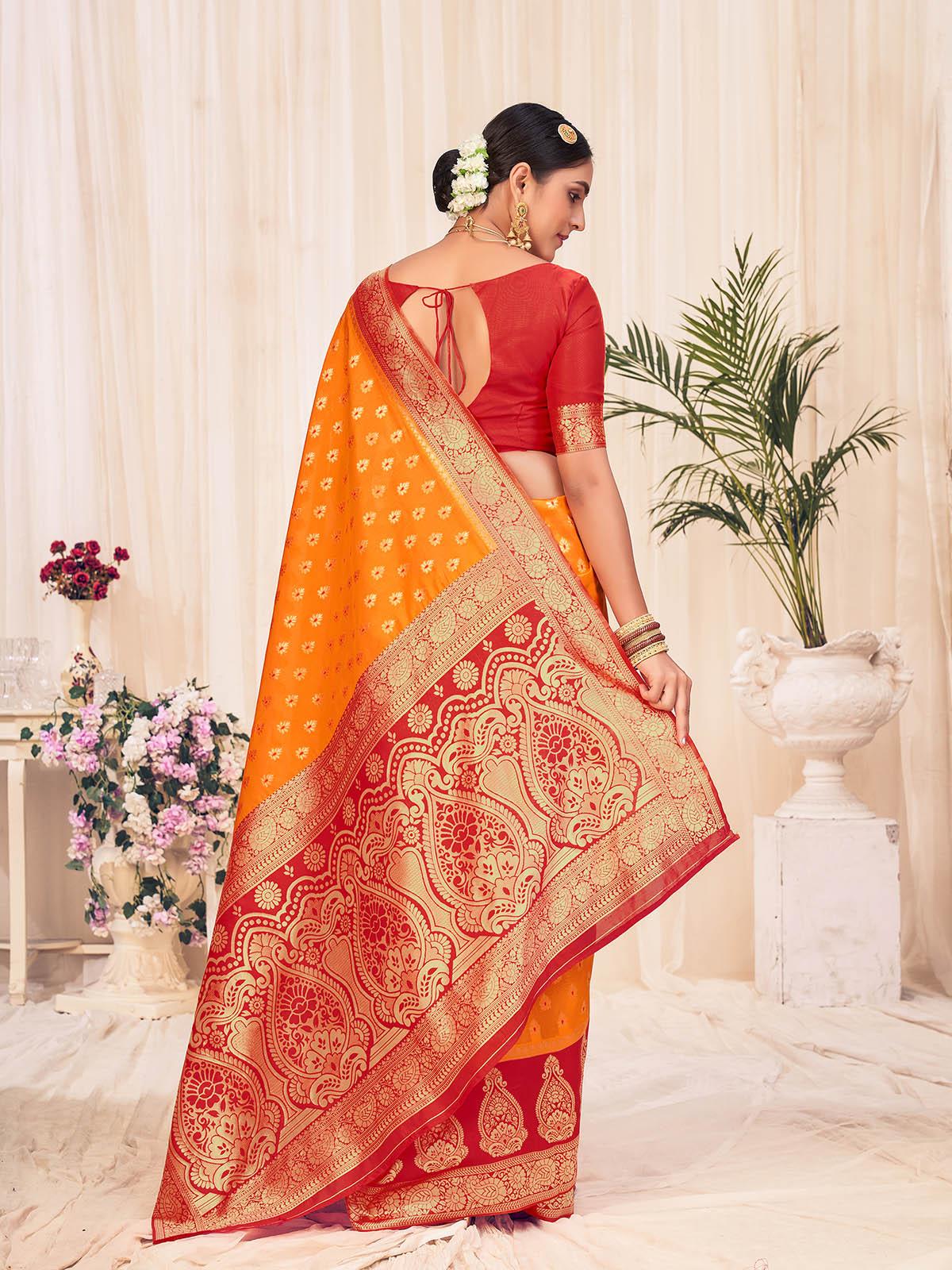 Odette Women Woven Orange Colored Banarasi Silk Saree With Unstitched Blouse - Image 2