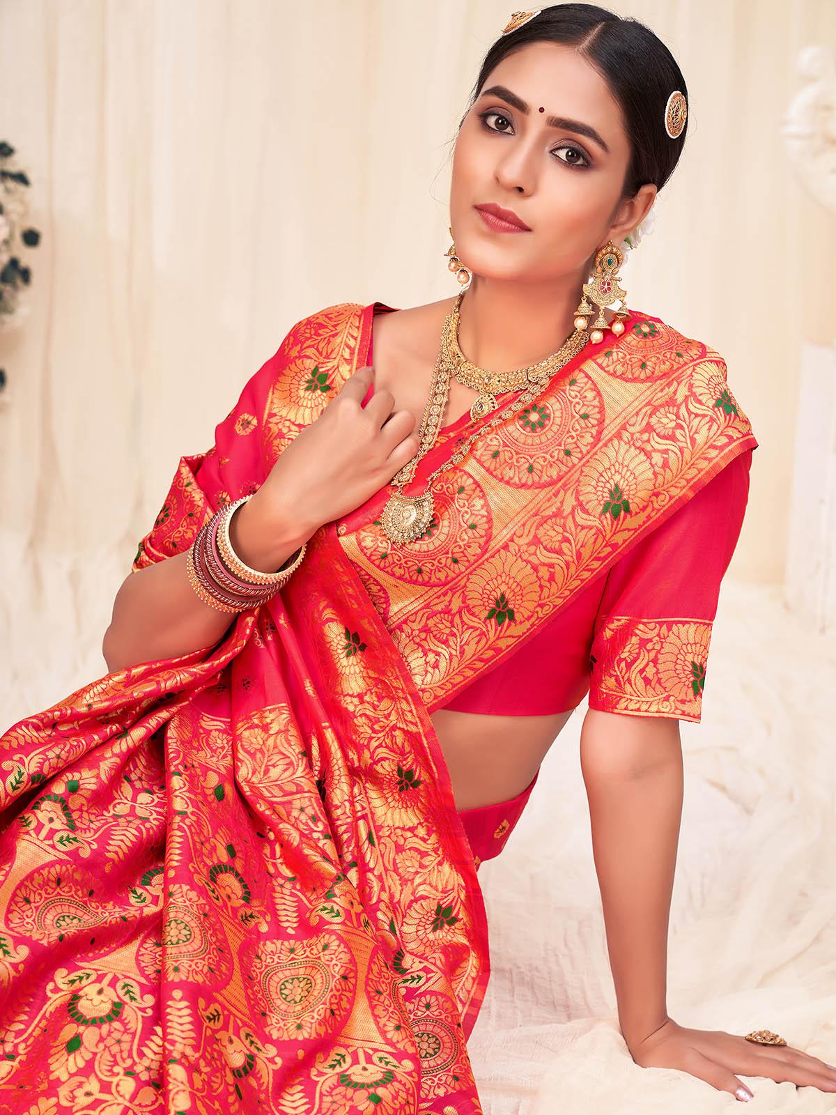 Odette Women Woven Pink Banarasi Silk Saree With Unstitched Blouse - Image 3