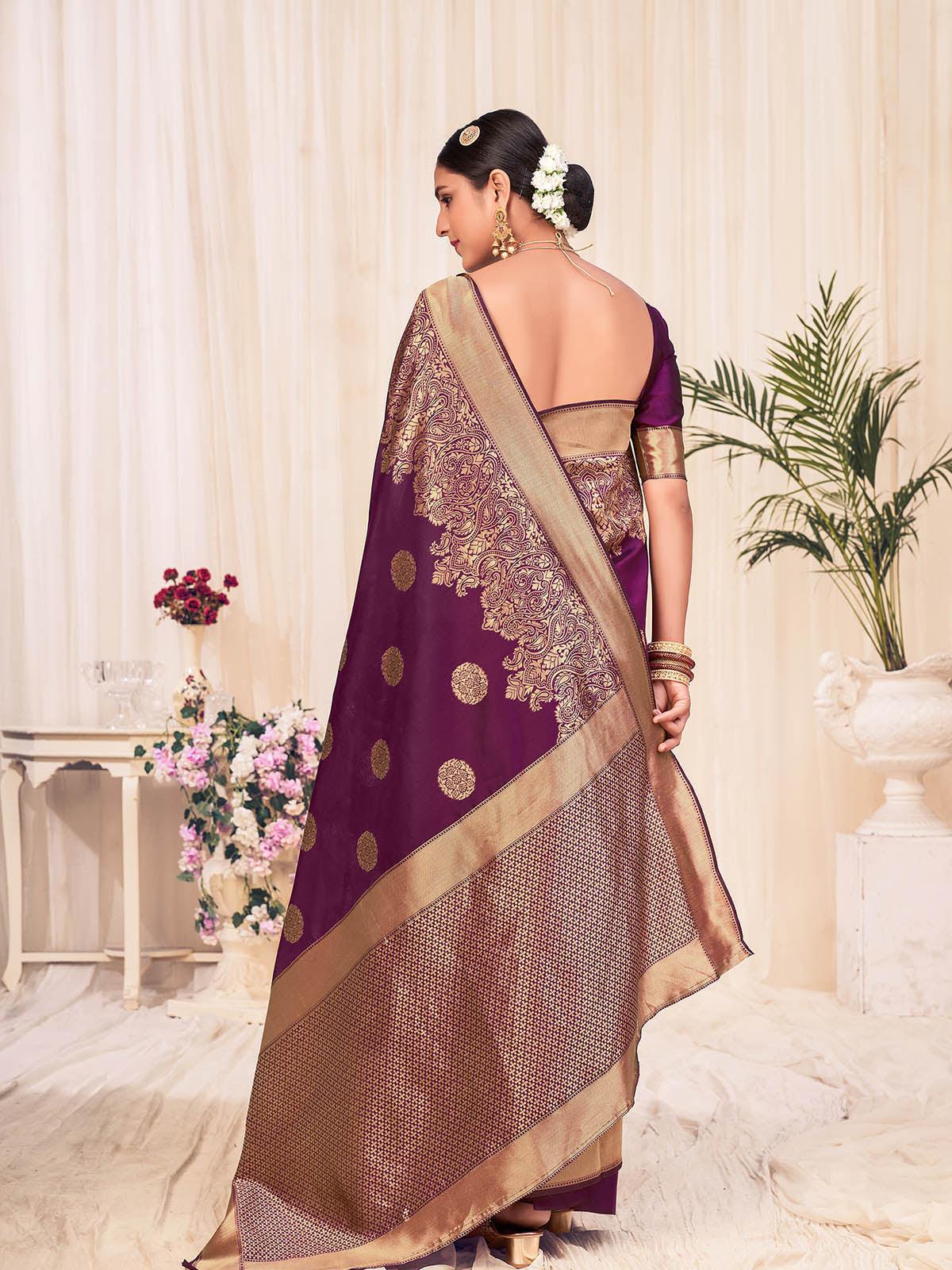Odette Women Woven Violet Colored Banarasi Silk Saree With Unstitched Blouse - Image 2