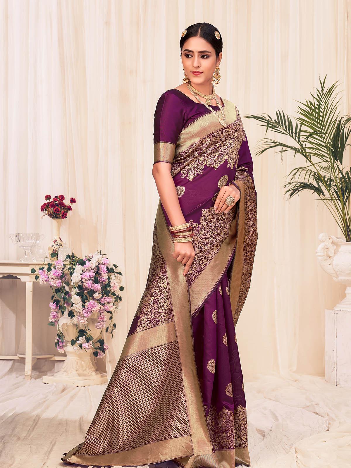 Odette Women Woven Violet Colored Banarasi Silk Saree With Unstitched Blouse - Image 3