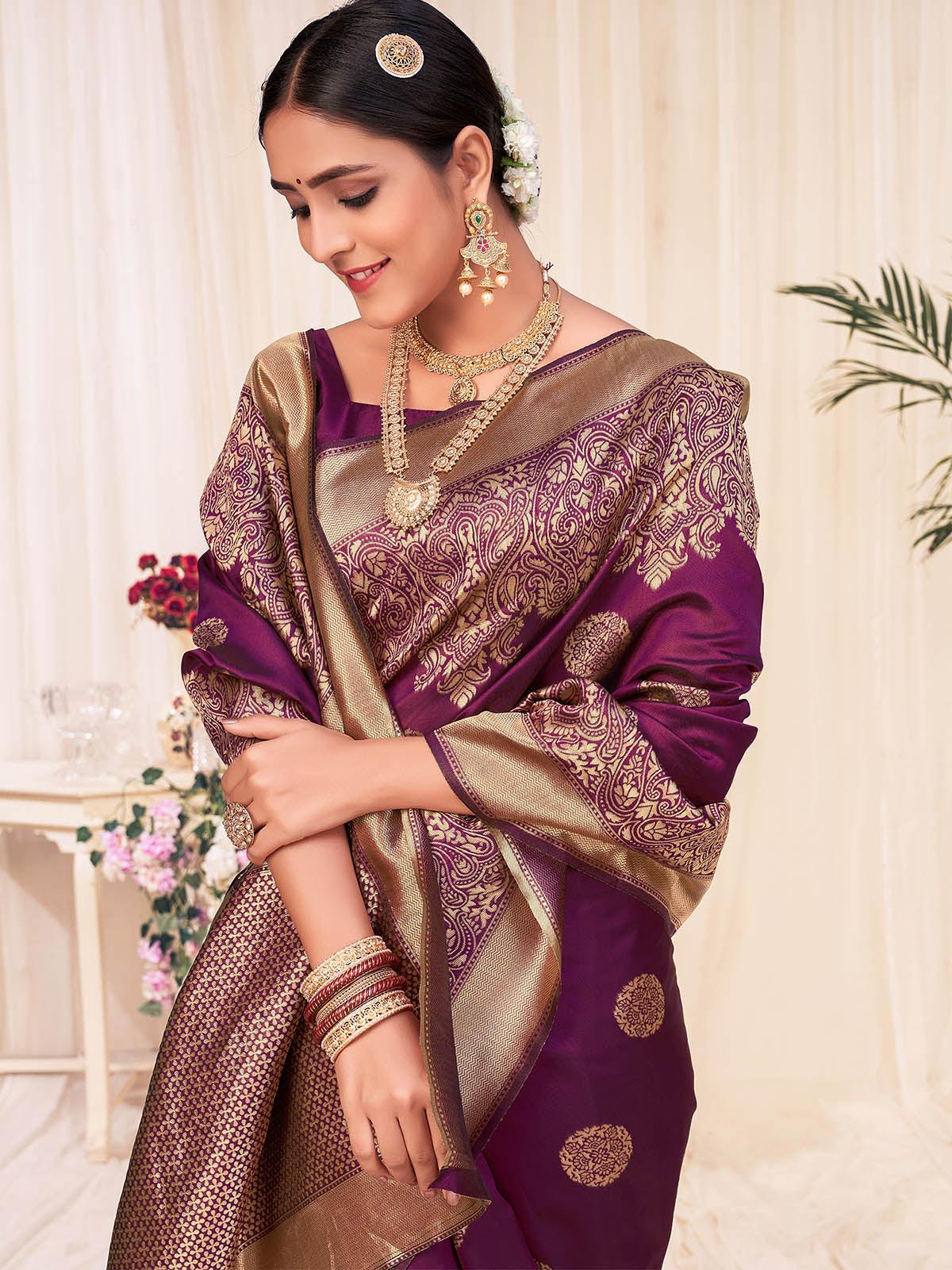 Odette Women Woven Violet Colored Banarasi Silk Saree With Unstitched Blouse - Image 4