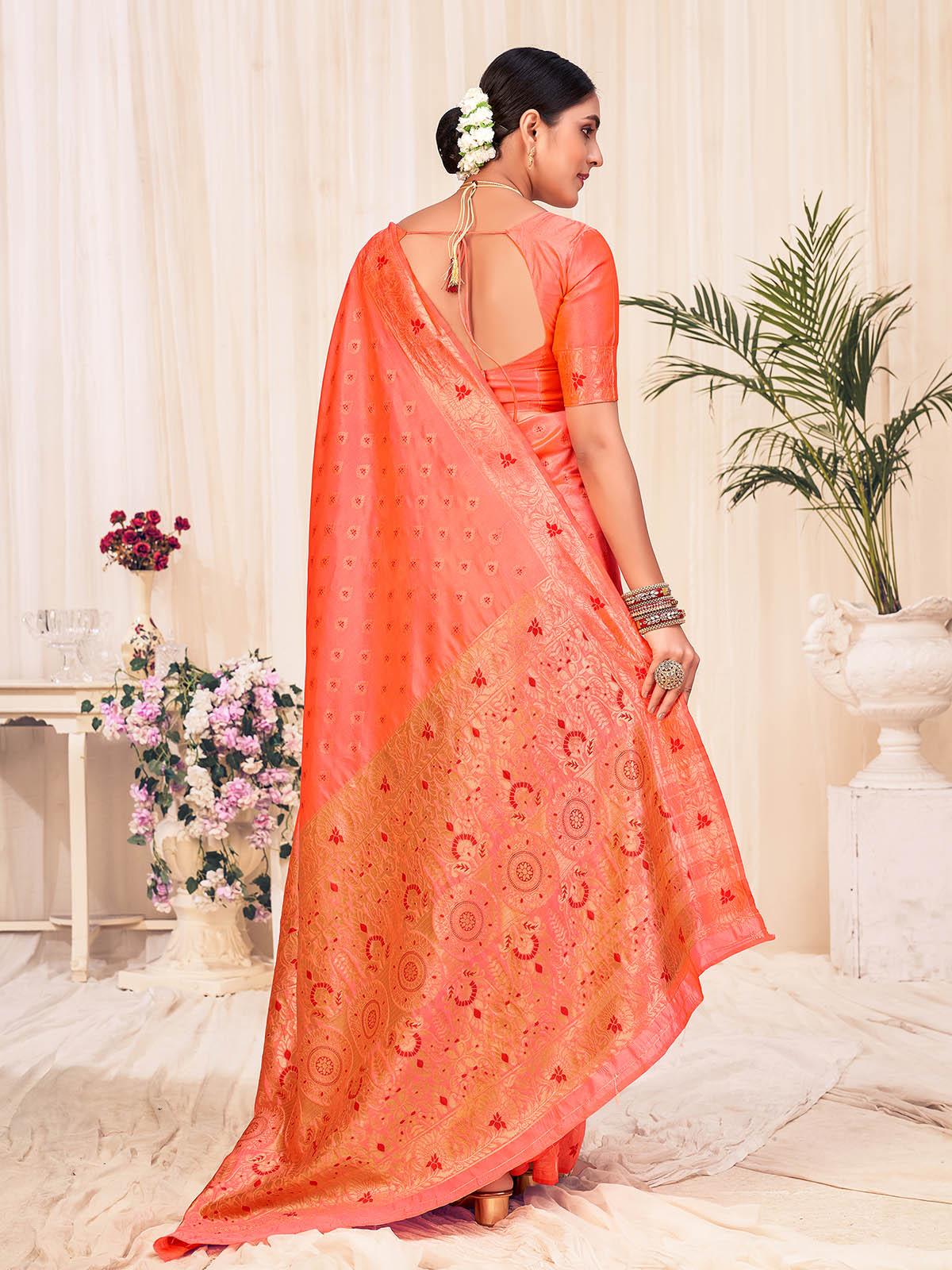 Odette Women Woven Peach Colored Banarasi Silk Saree With Unstitched Blouse - Image 2