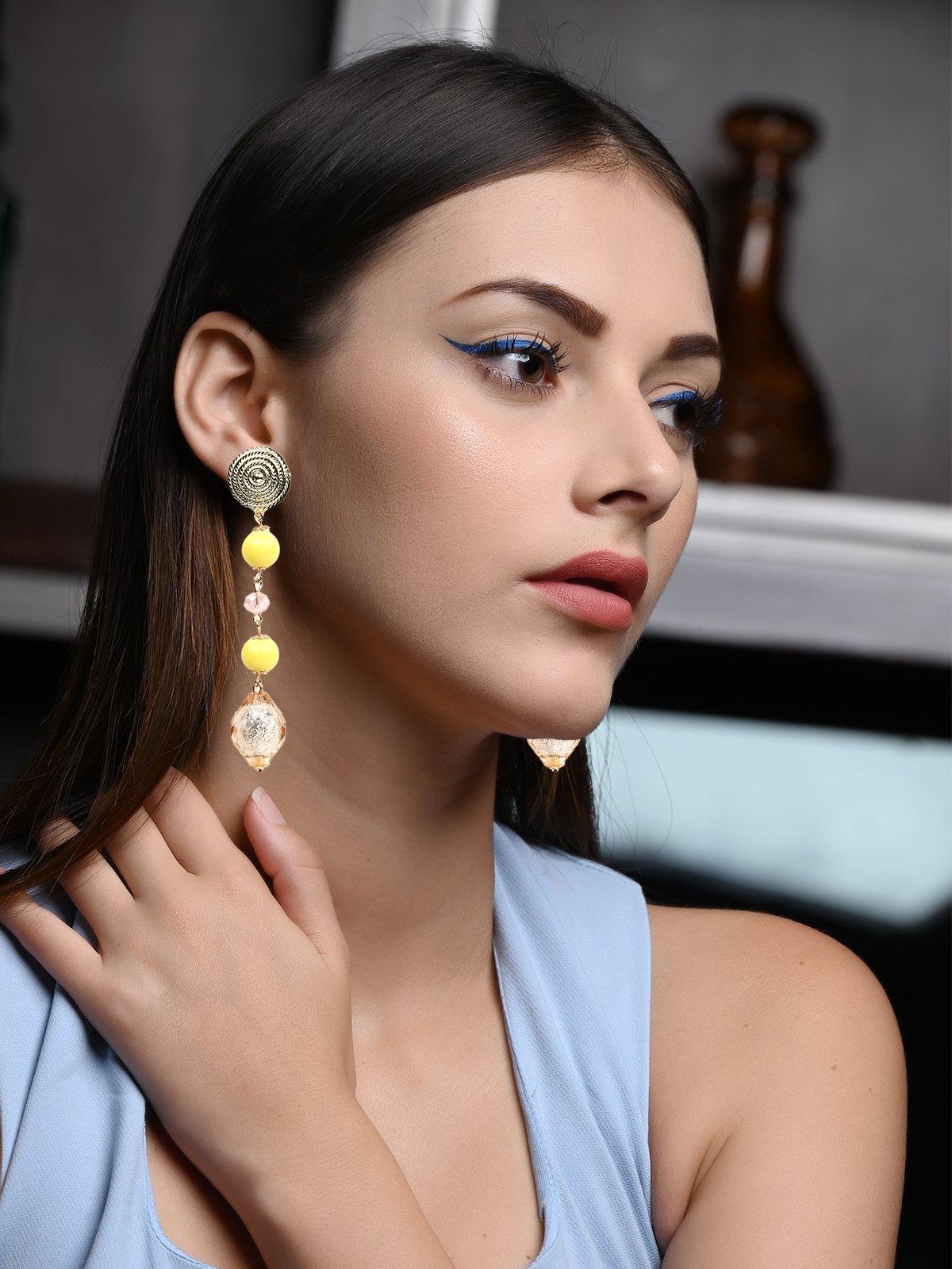 Odette Women Yellow And Gold Metal Long Earrings - Image 2
