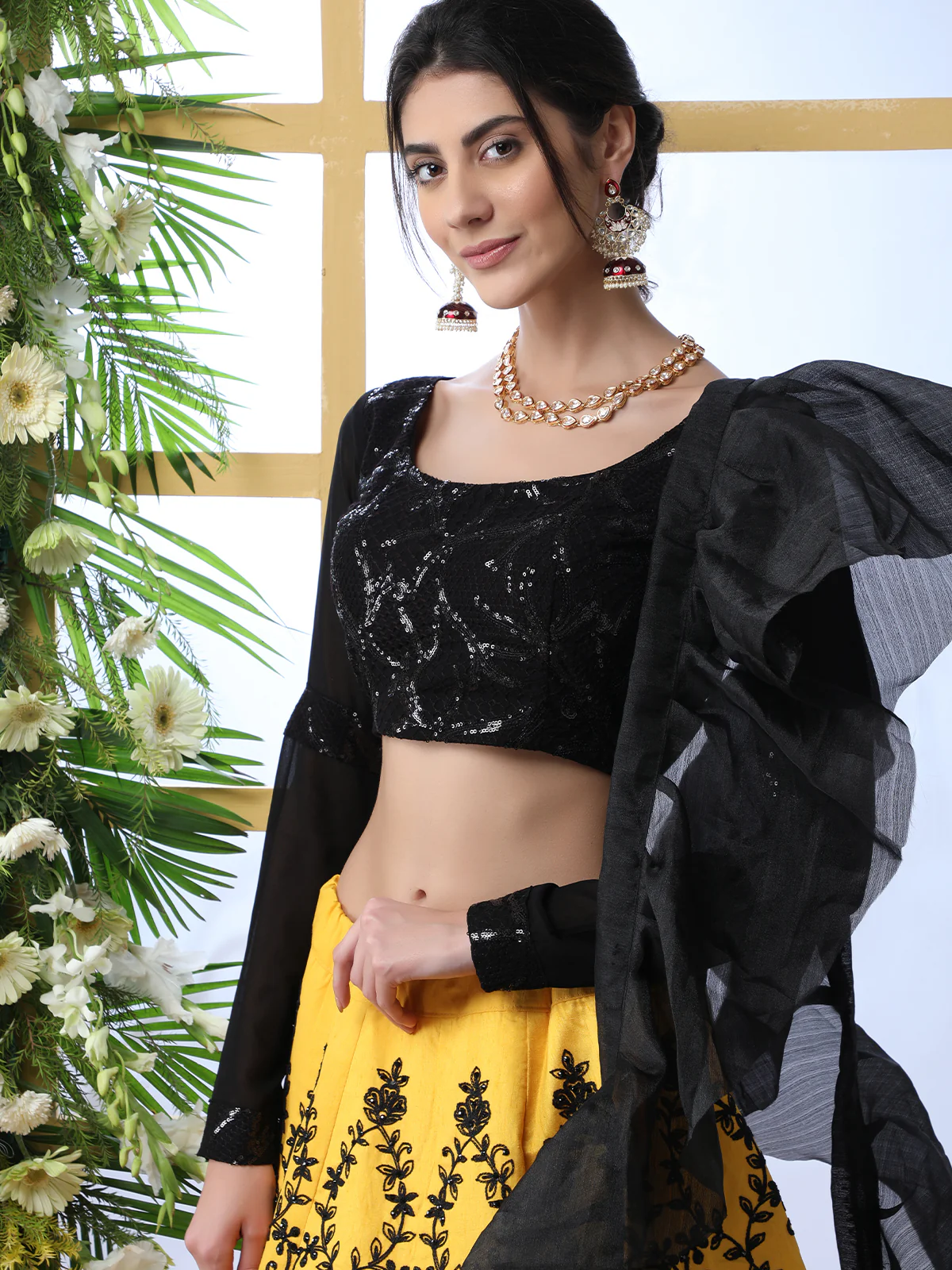 Odette Women Yellow Art Silk Embroidered Semi Stitched Lehenga With  Unstitched Blouse - Image 3