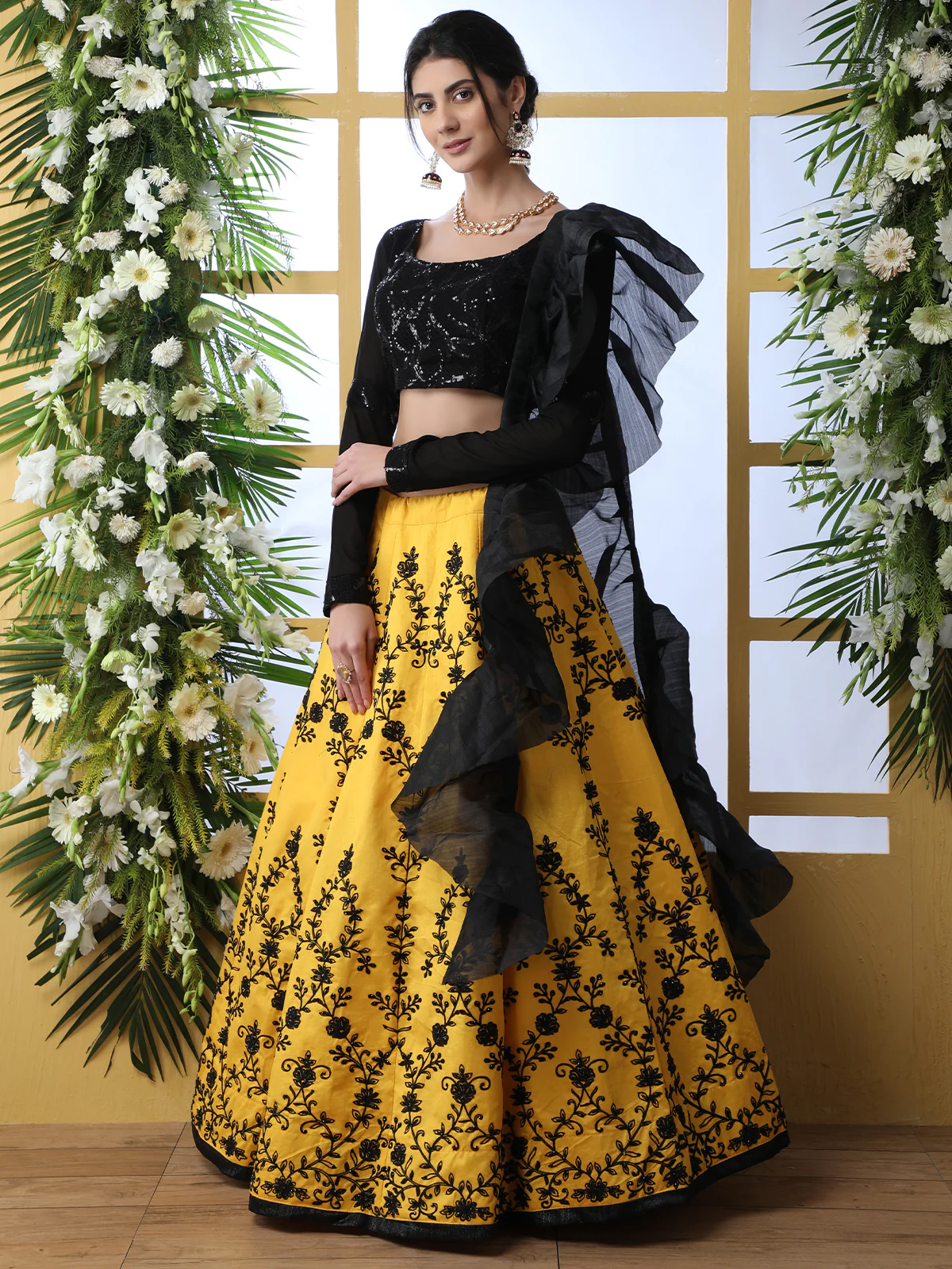 Odette Women Yellow Art Silk Embroidered Semi Stitched Lehenga With  Unstitched Blouse - Image 4