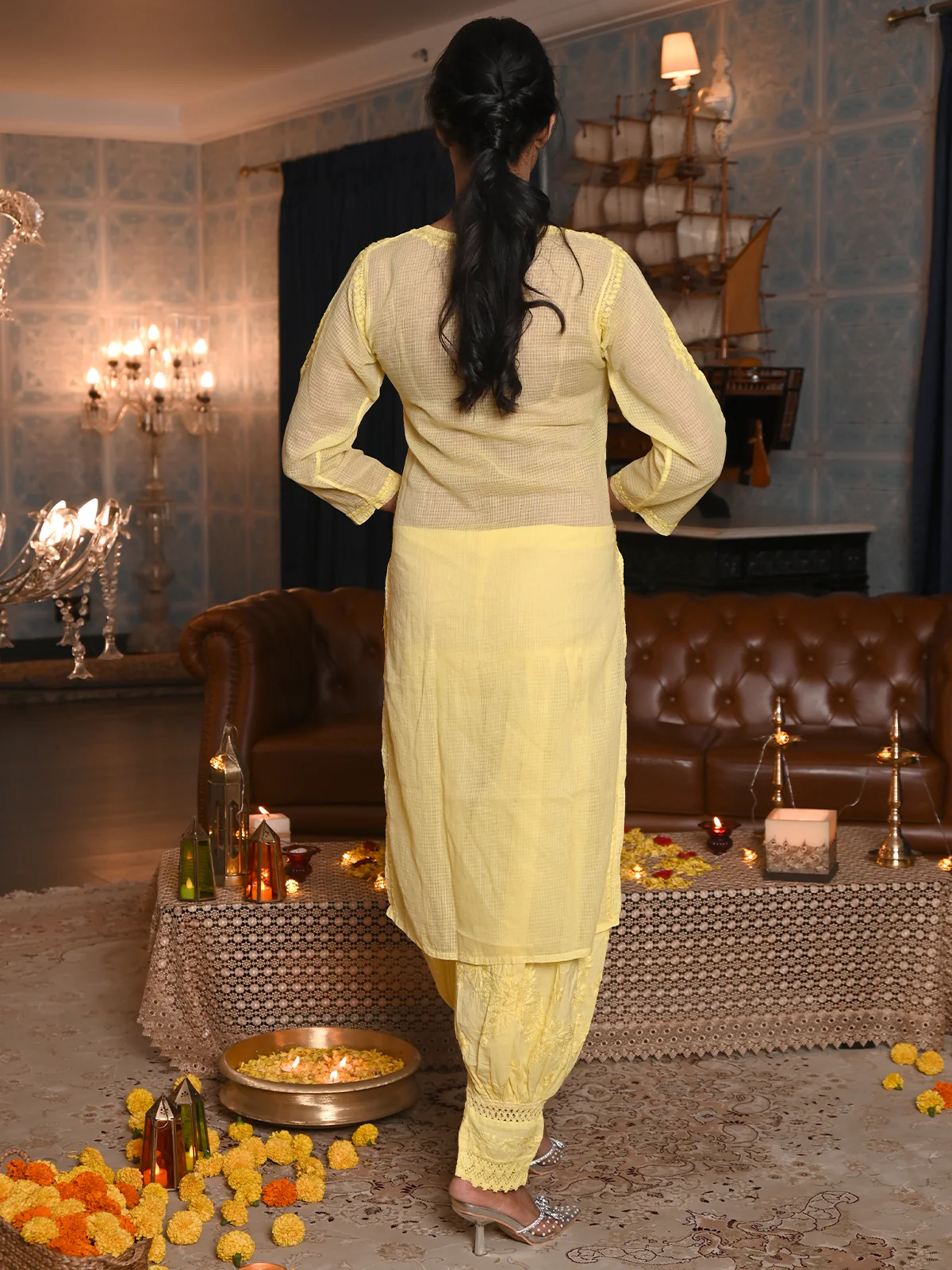 Odette Women Yellow Chequered Voile Chikankari Embroidered Stitched Kurta With Salwar - Image 3