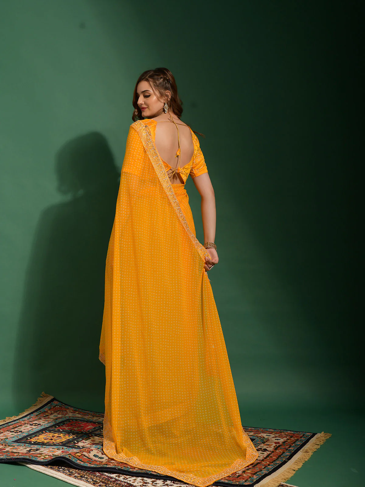 Odette Women Yellow Chiffon Designer Saree With Unstitched Blouse - Image 3