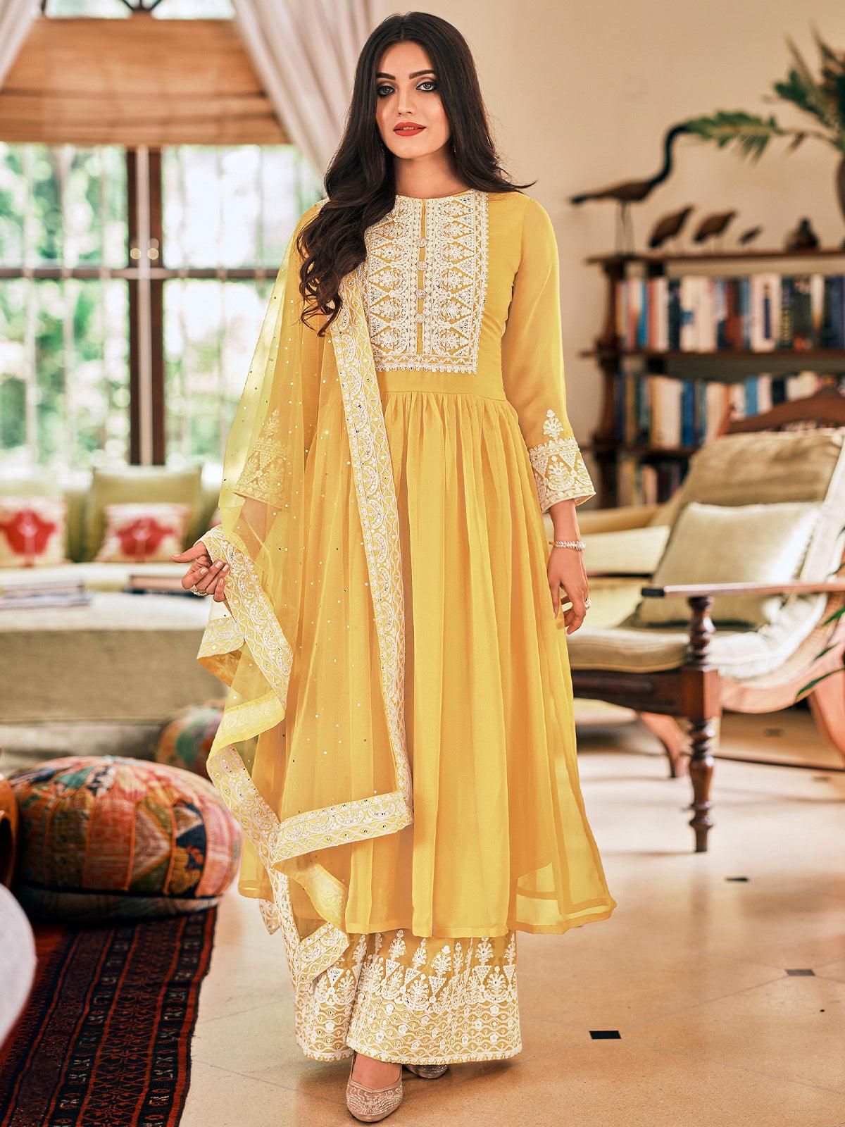 Odette Women Yellow Color Georgette Plazzo Semi Stitched Suit