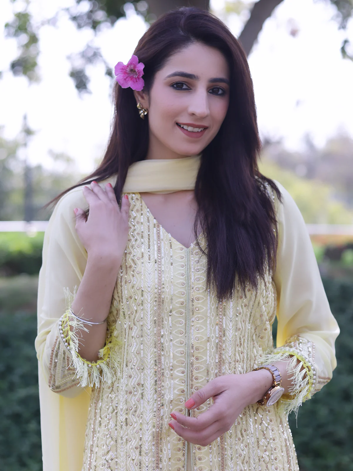 Odette Women Yellow Color Party Wear Georgette Semi Stitched Suit - Image 4
