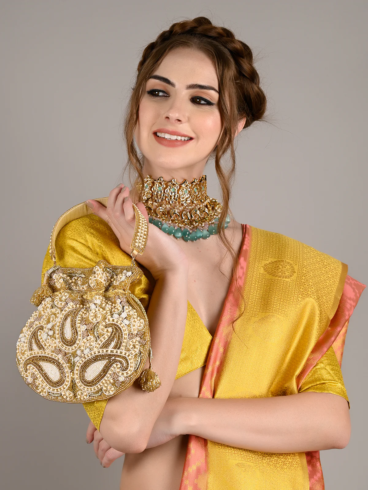 Odette Women Yellow Embellished Potli Bag - Image 2