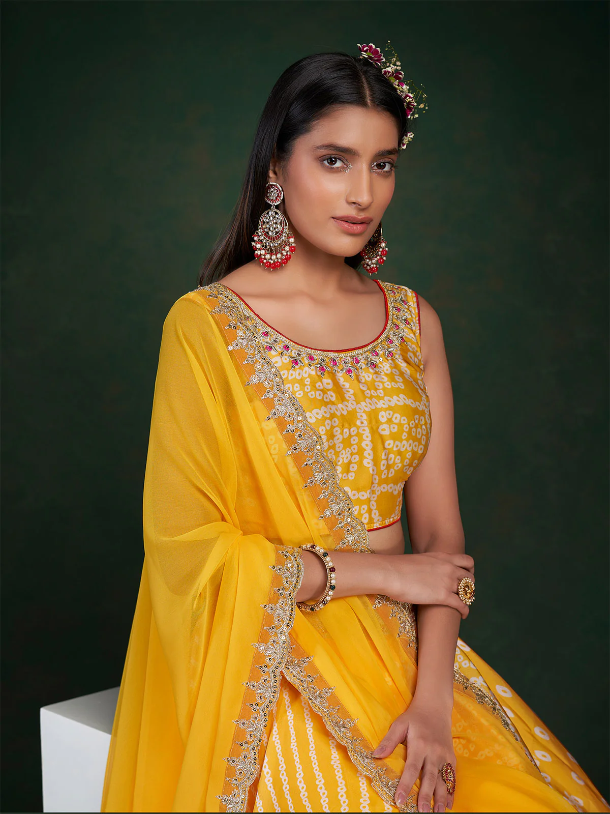 Odette Women Yellow Embroidered Festive Semi Stitched Lehenga With Unstitched Blouse - Image 3