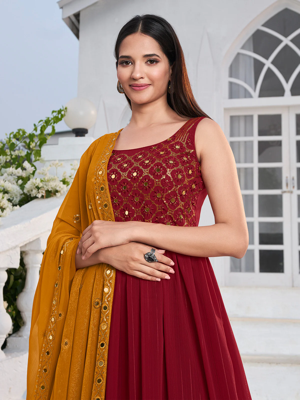 Odette Women Red Embroidered Georgette Partywear Semi Stitched Gown - Image 3
