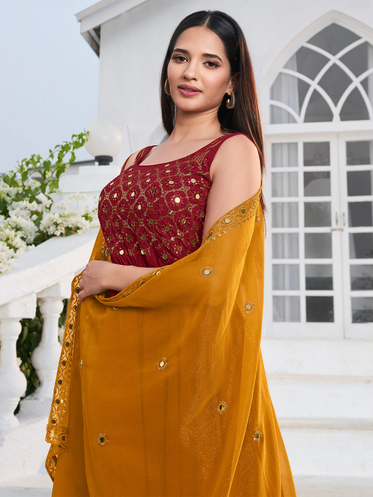 Odette Women Red Embroidered Georgette Partywear Semi Stitched Gown - Image 4