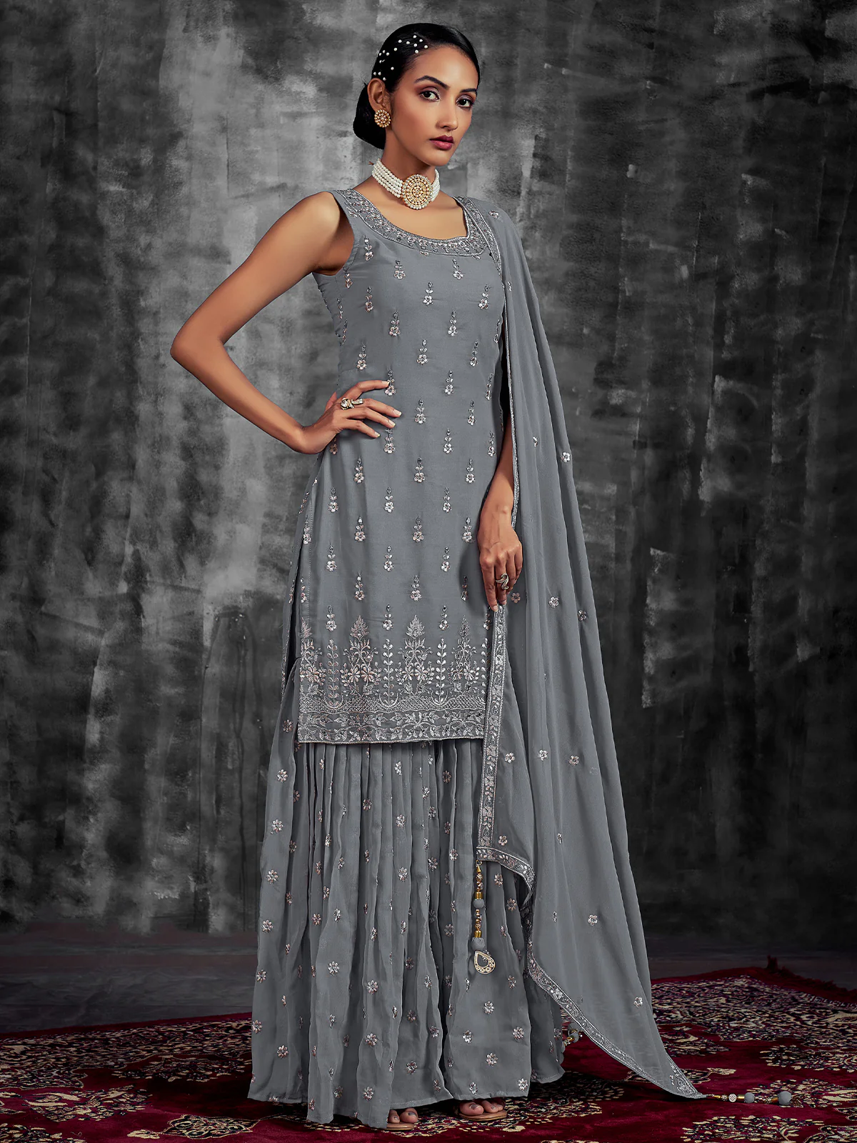 Odette Women Grey Embroidered Partywear  Stitched Kurtaset - Image 2