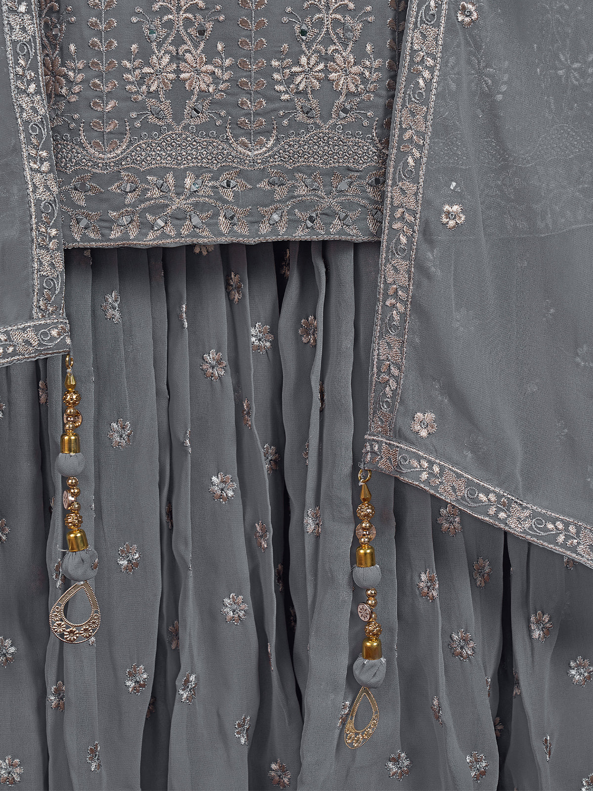 Odette Women Grey Embroidered Partywear  Stitched Kurtaset - Image 5