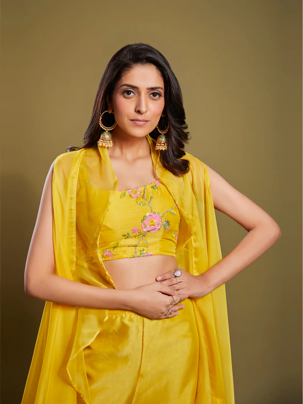 Odette Women Yellow Embroidered Organza Indo Western Set - Image 2