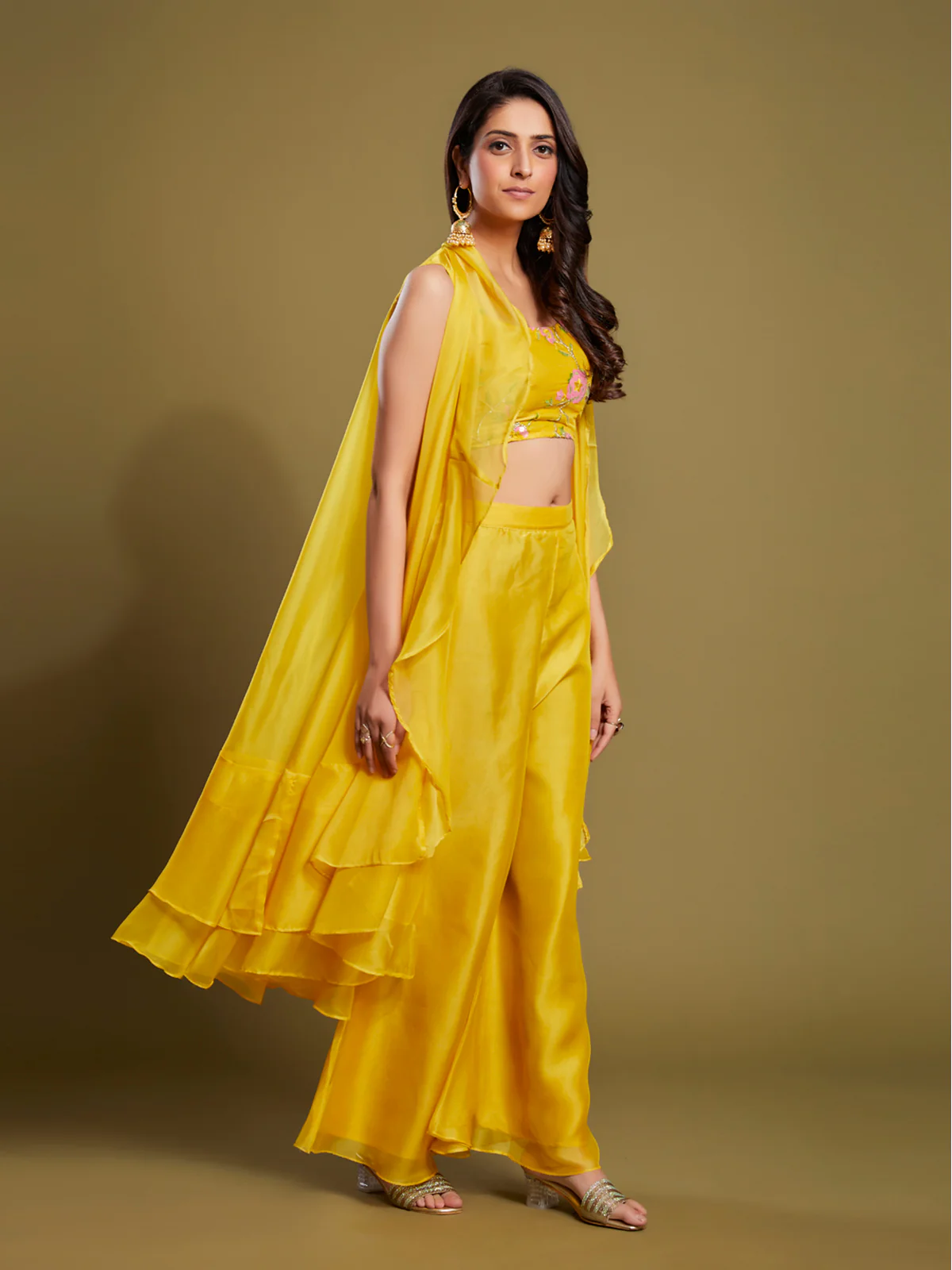 Odette Women Yellow Embroidered Organza Indo Western Set - Image 3