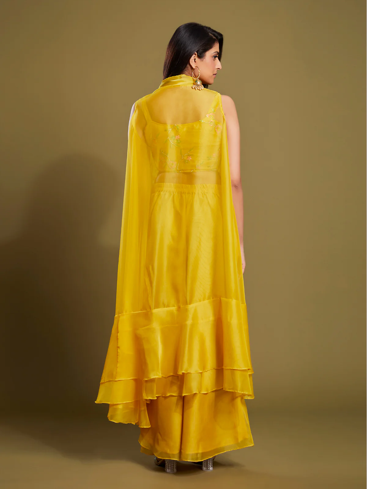 Odette Women Yellow Embroidered Organza Indo Western Set - Image 4