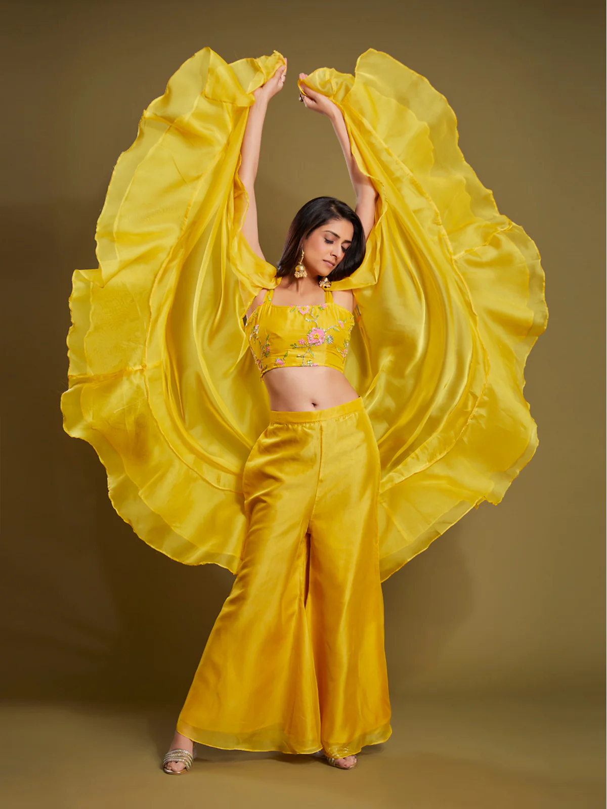 Odette Women Yellow Embroidered Organza Indo Western Set - Image 5
