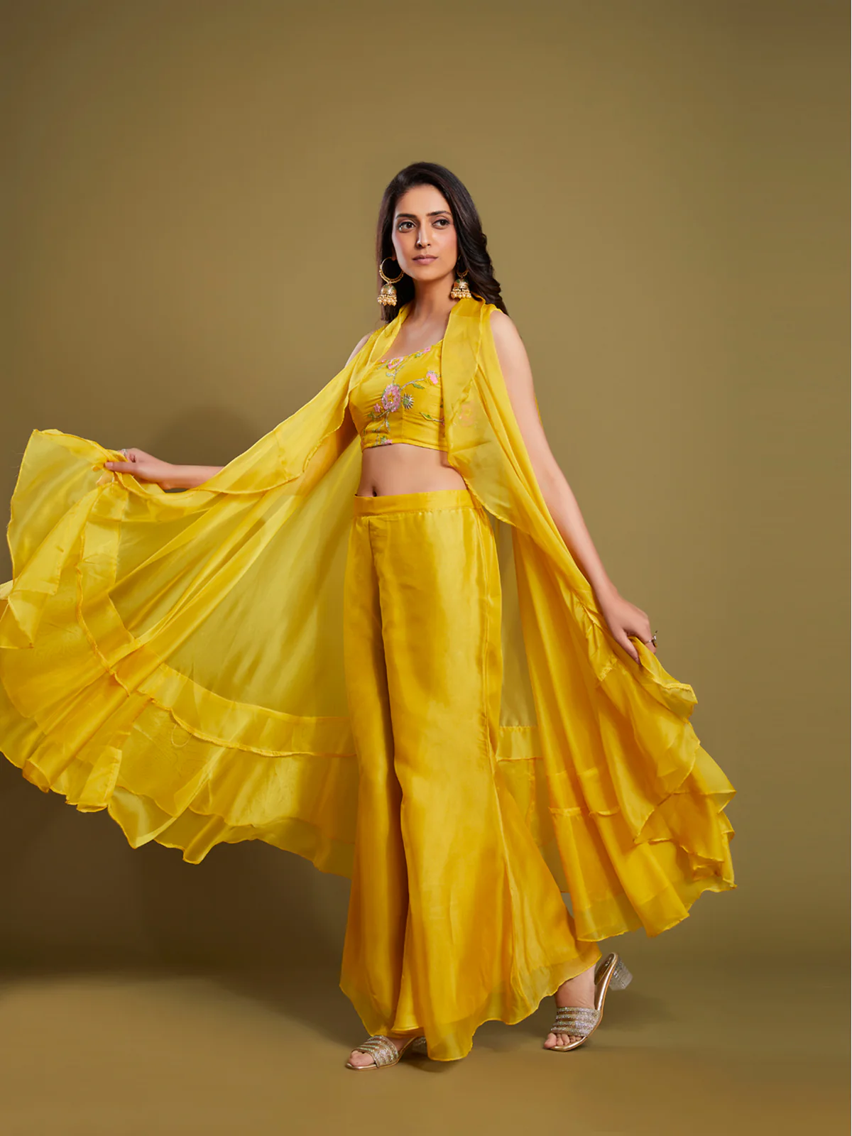 Odette Women Yellow Embroidered Organza Indo Western Set - Image 6