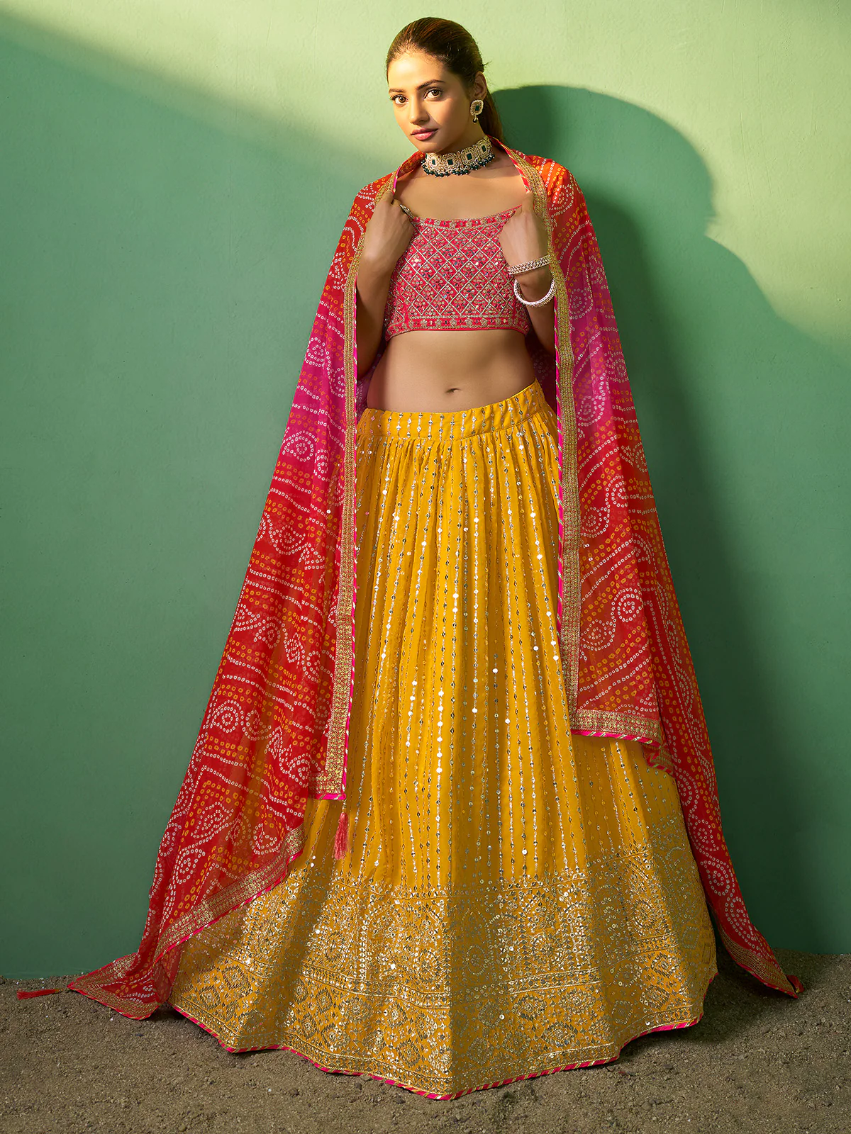Odette Women Yellow Embroidered Semi Stitched Lehenga With Unstitched Blouse - Image 2