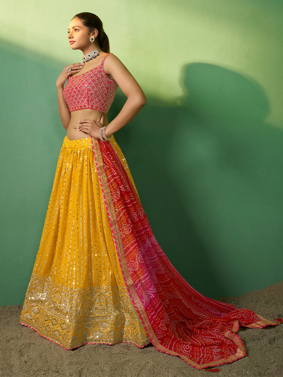 Odette Women Yellow Embroidered Semi Stitched Lehenga With Unstitched Blouse - Image 3