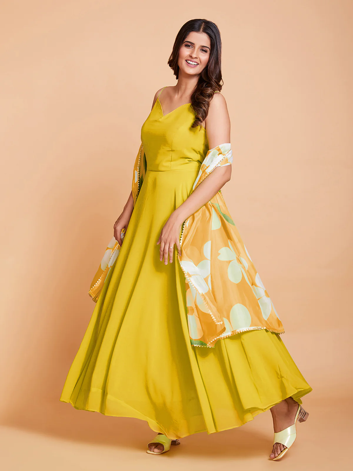 Odette Women Yellow Faux Georgette Solid Stitched Gown - Image 2