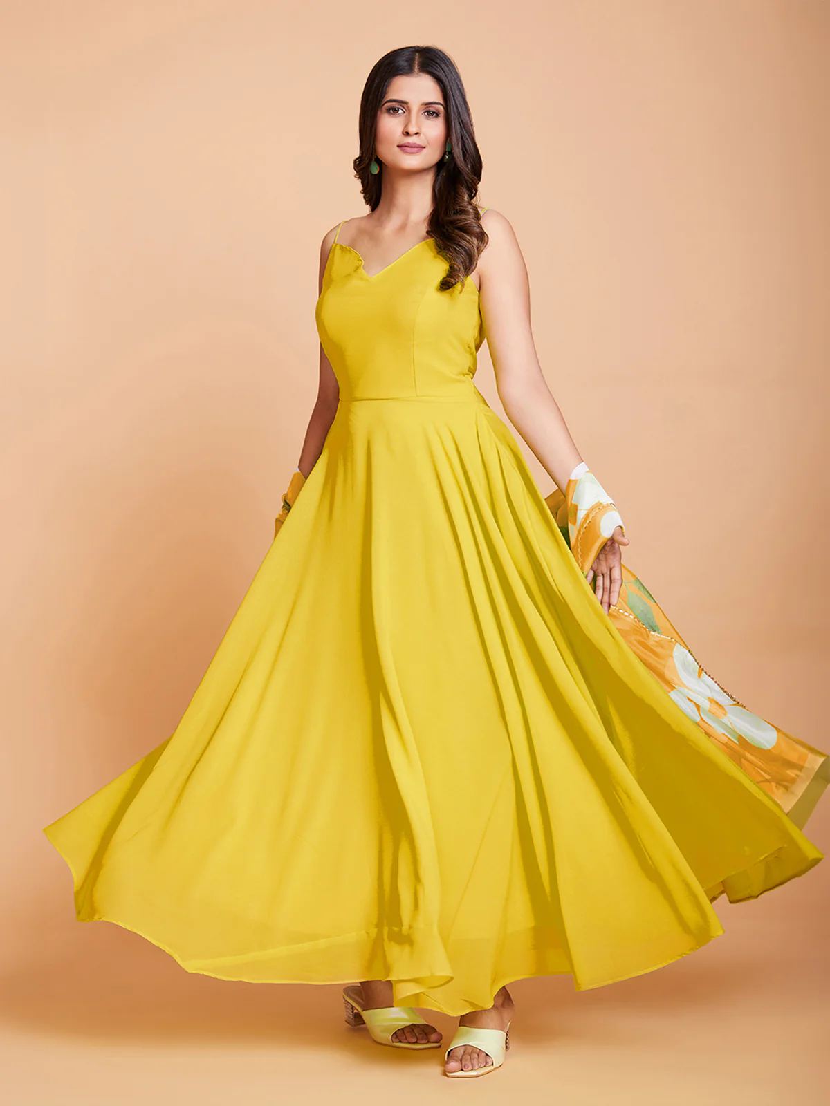 Odette Women Yellow Faux Georgette Solid Stitched Gown - Image 5
